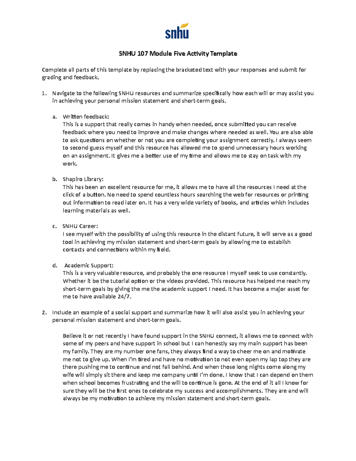 SNHU 107 Module Five Activity Template SNHU 107 Module Five Activity