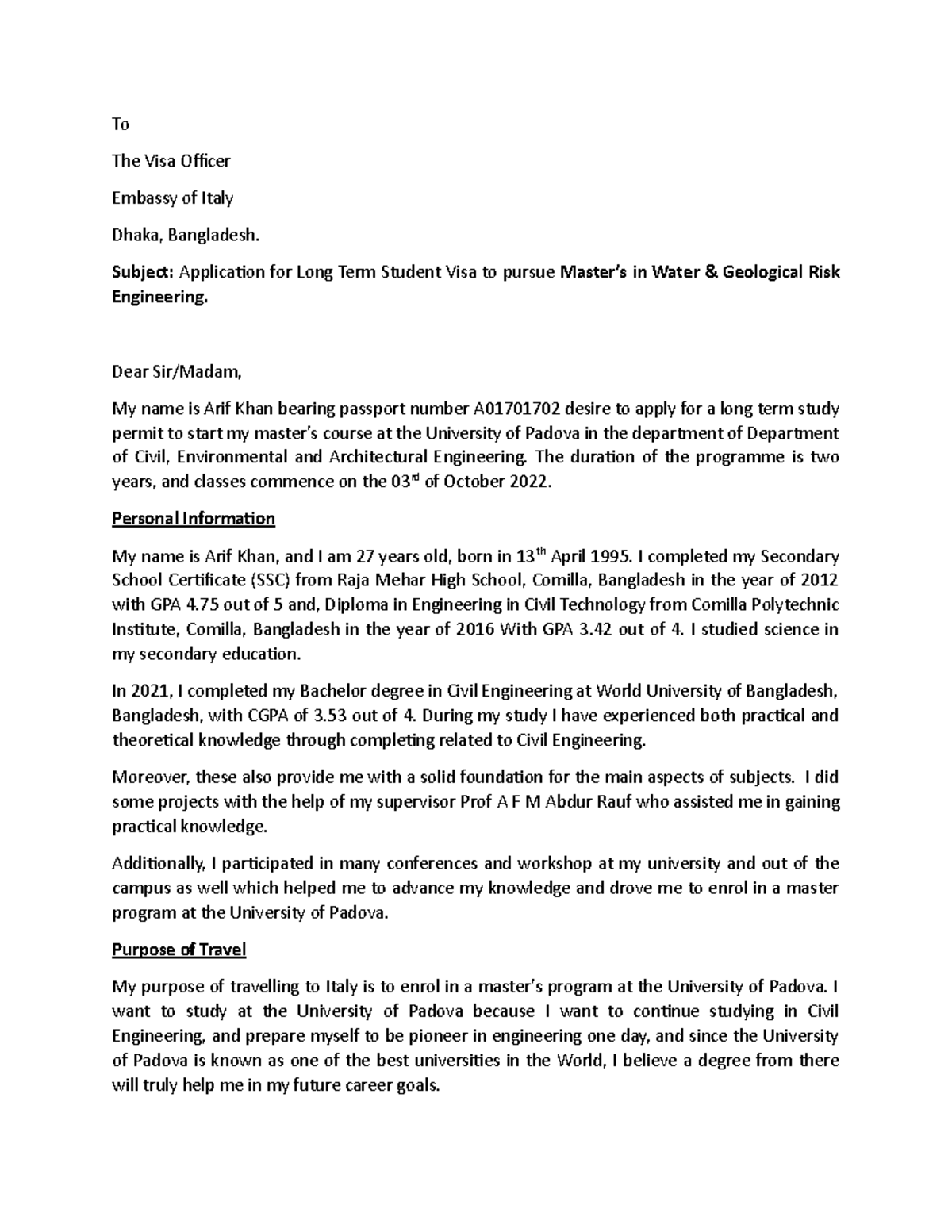 Cover letter Arif final - To The Visa Officer Embassy of Italy Dhaka ...