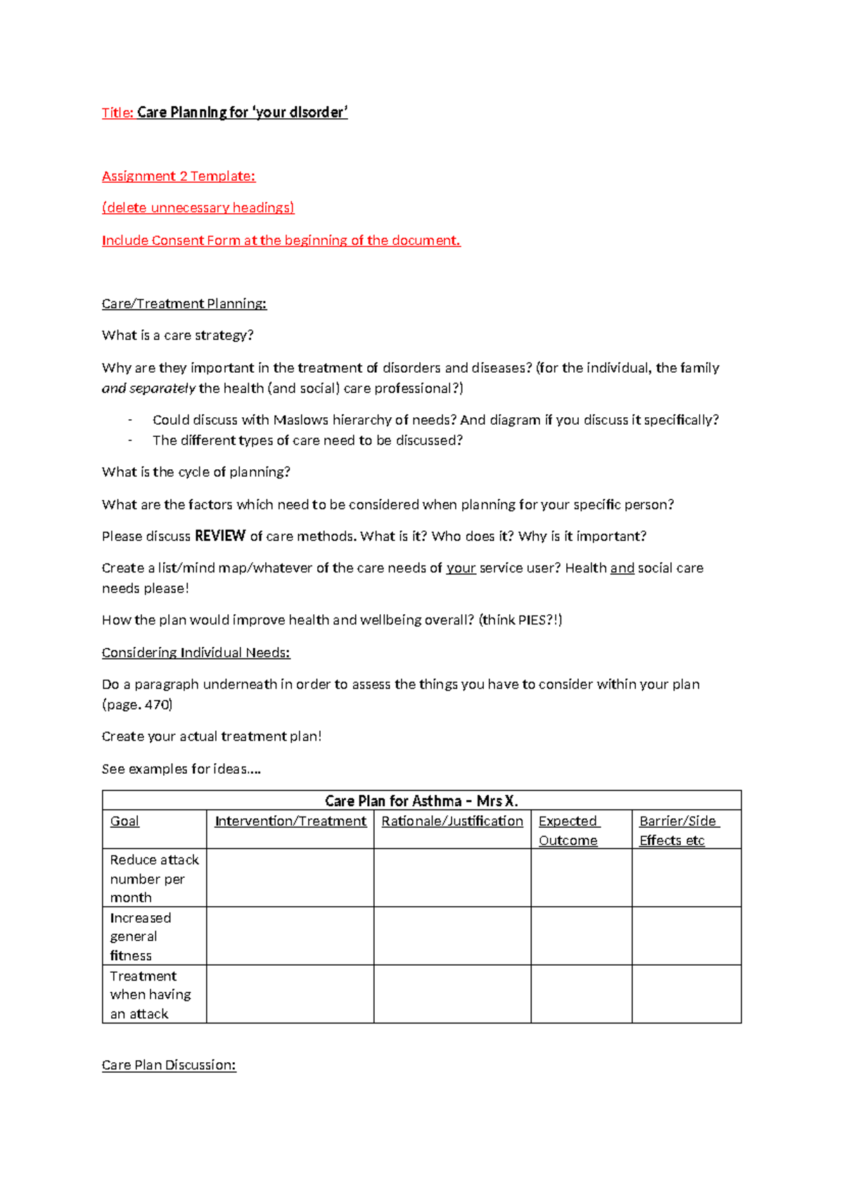 Assignment 2 Template - Title: Care Planning for ‘your disorder ...