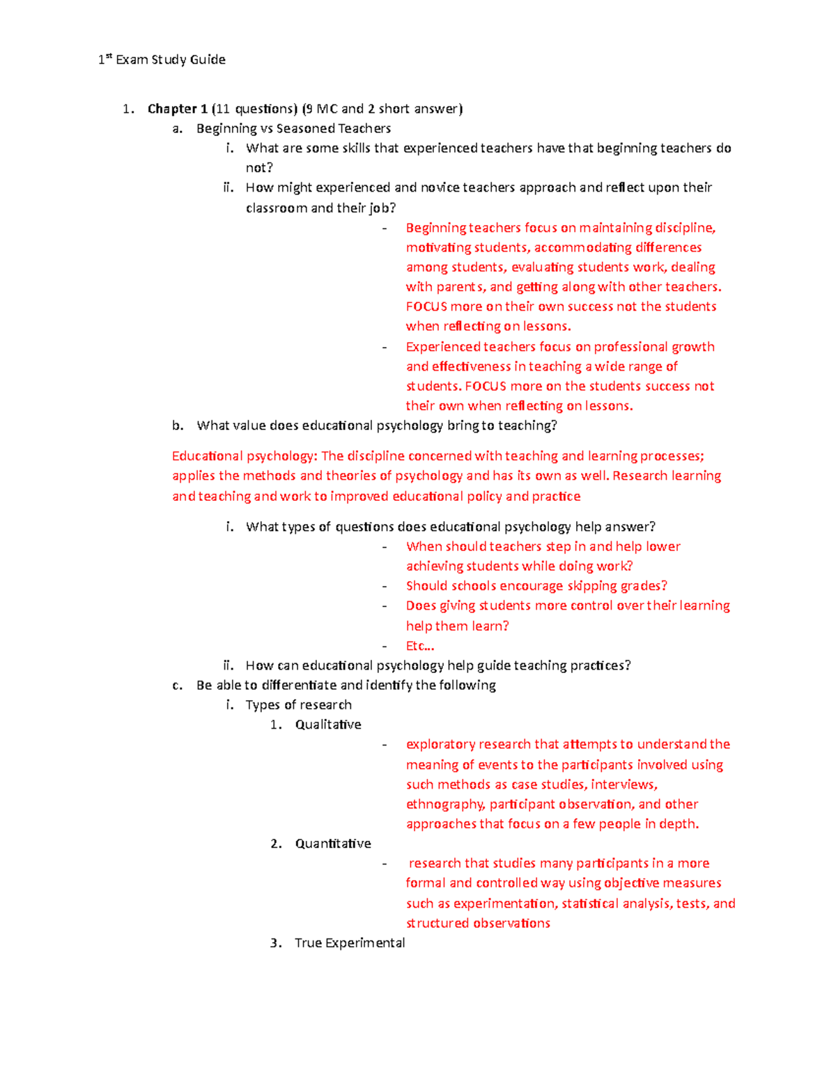 Exam 1 Study Guide Revised - Chapter 1 (11 questions) (9 MC and 2 short ...