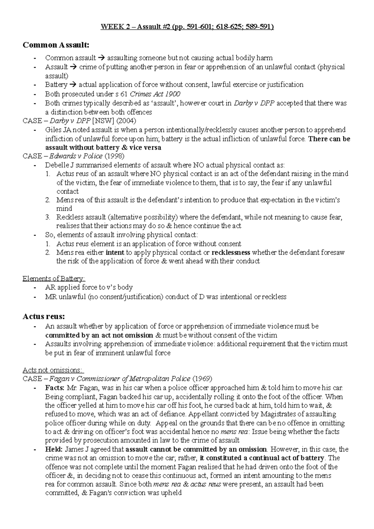 WEEK 2 - Week two textbook readings - Common Assault: Common assault ...