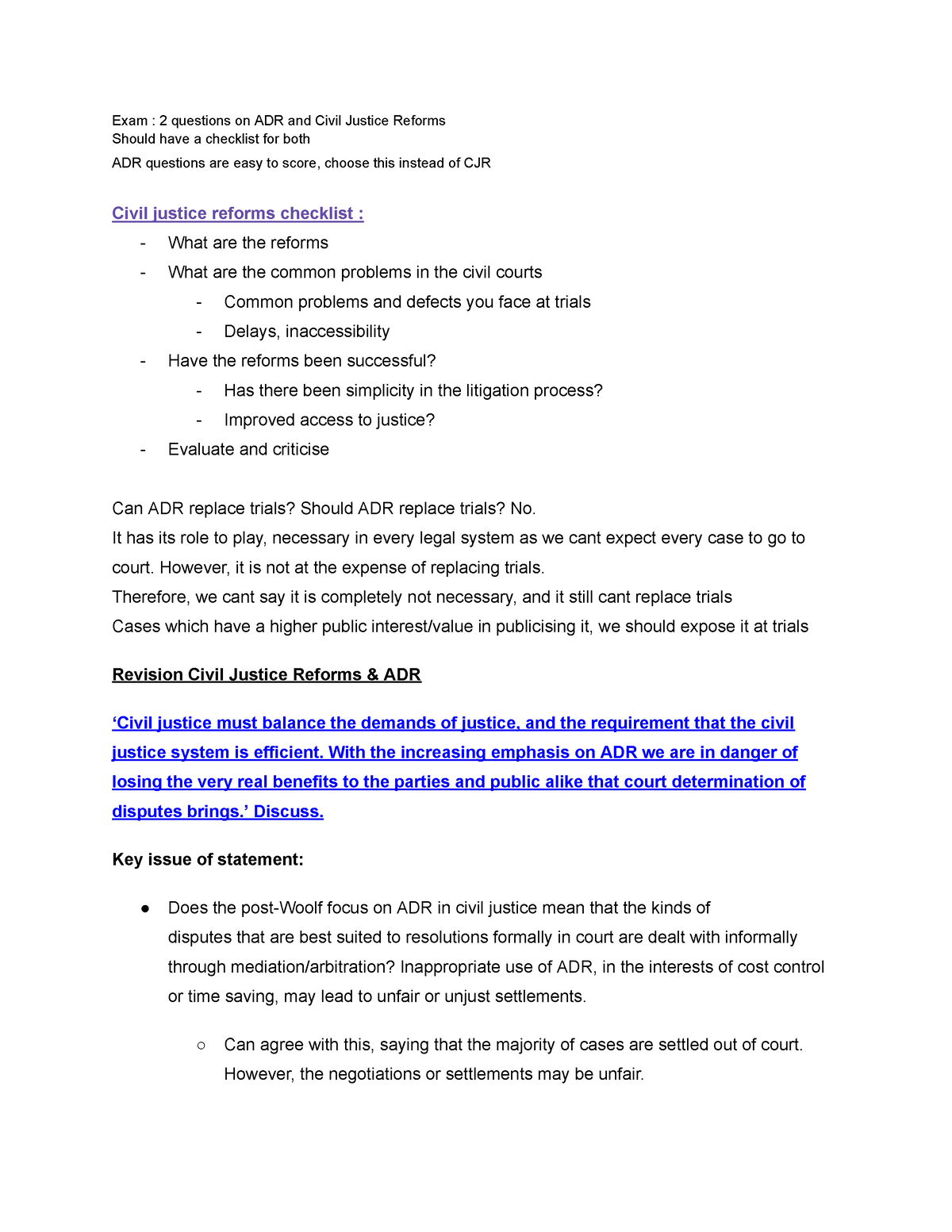 ADR and Civil Justice Reforms revision 3 - Exam : 2 questions on ADR ...