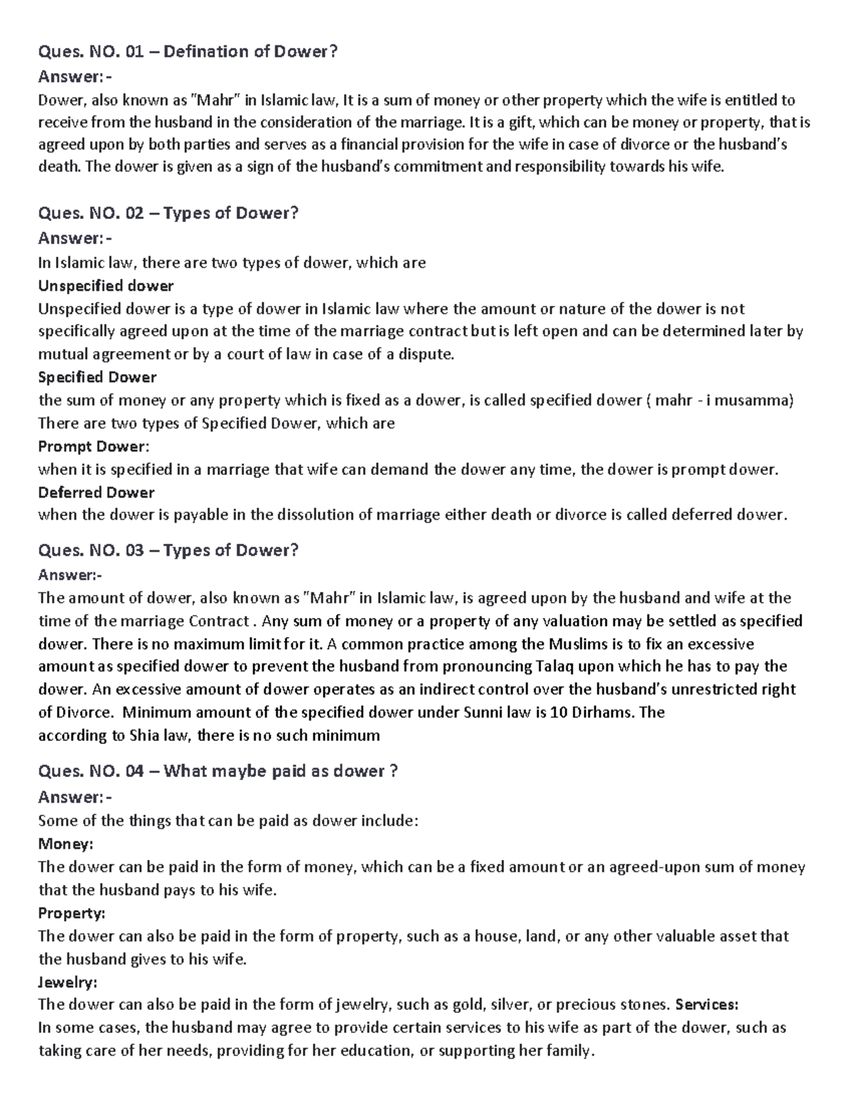 Muslim LAW Question Answer Part 02 Ques NO 01 Defination Of Dower