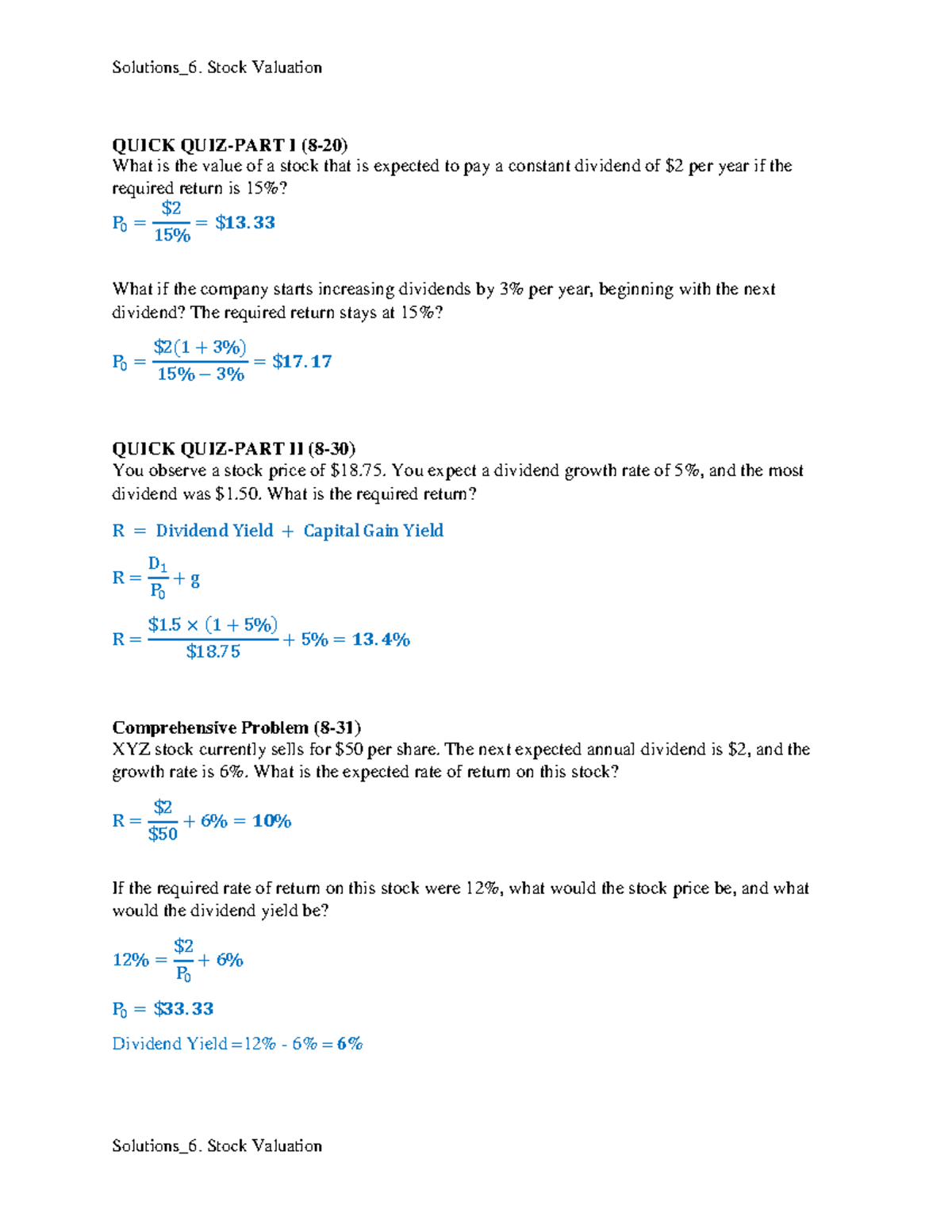 Solutions 6 Stock Valuation - Solutions_6. Stock Valuation Solutions_6 ...