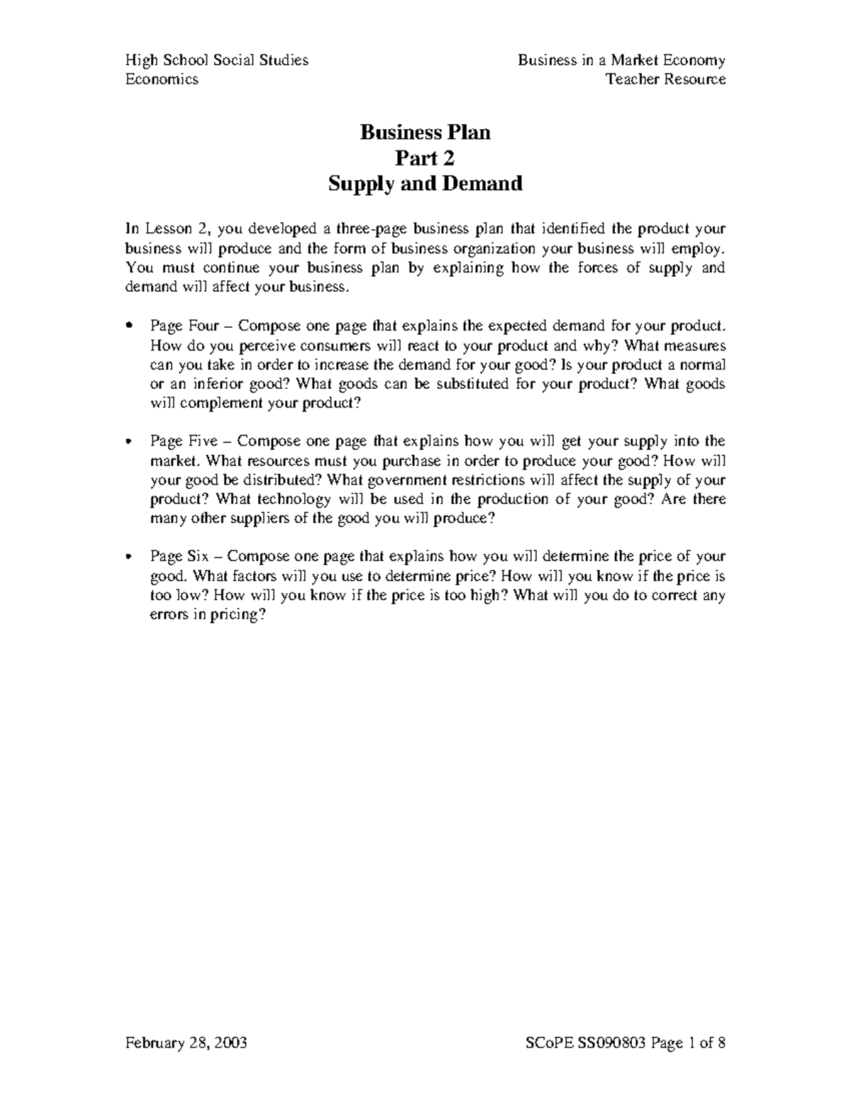 Supply and Demand Analysis Economics Teacher Resource Business Plan