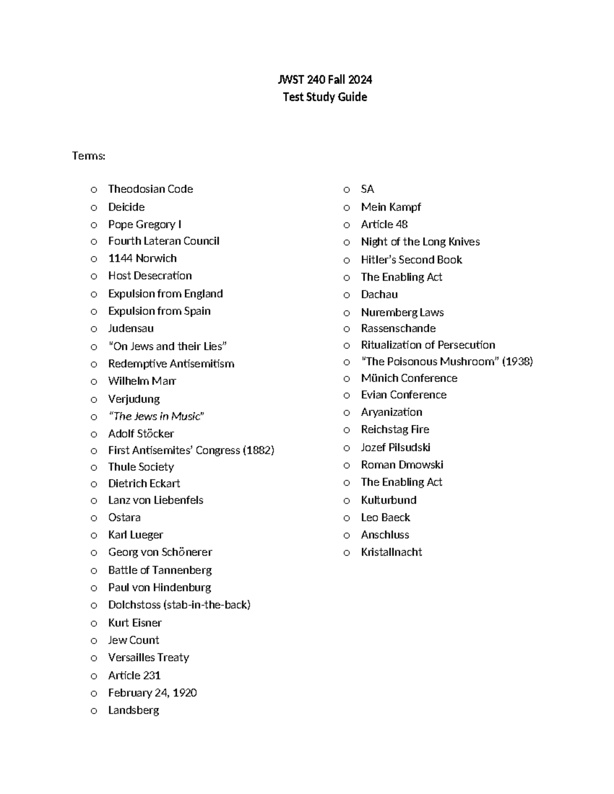JWST 240 Study Guide 2024 - JWST 240 Fall 2024 Test Study Guide Terms ...