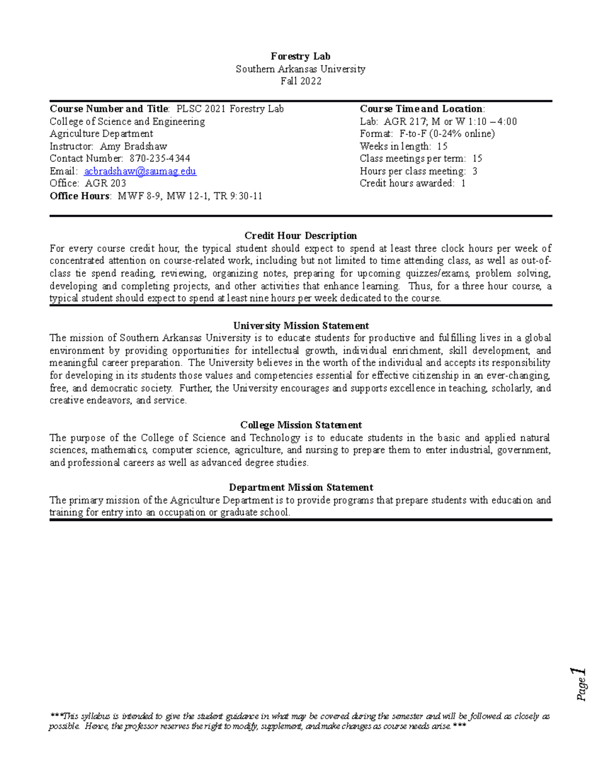 PLSC 2021 Forestry Lab Syllabus 2022 Forestry Lab Southern Arkansas