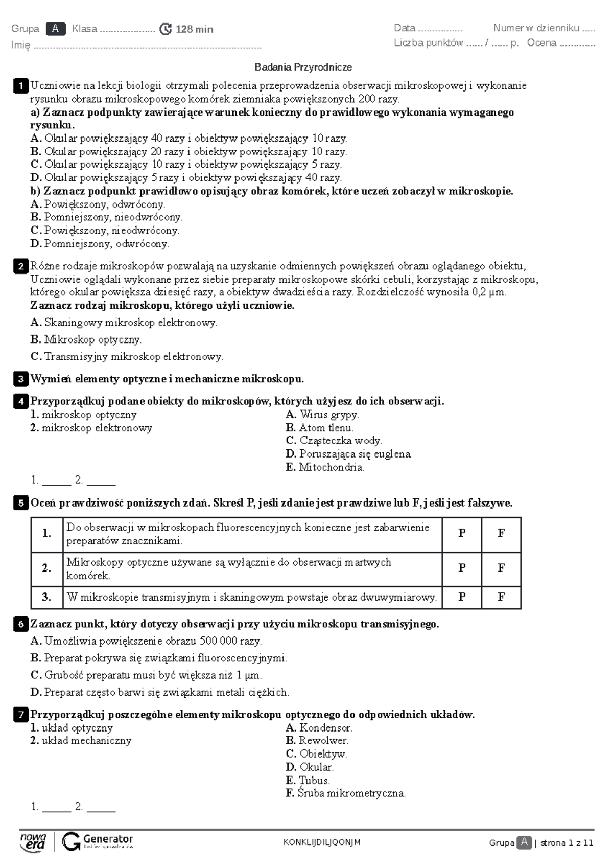 Badania Przyrodnicze Test (bez widocznej punktacji) - KONKLIJDILJQONJM