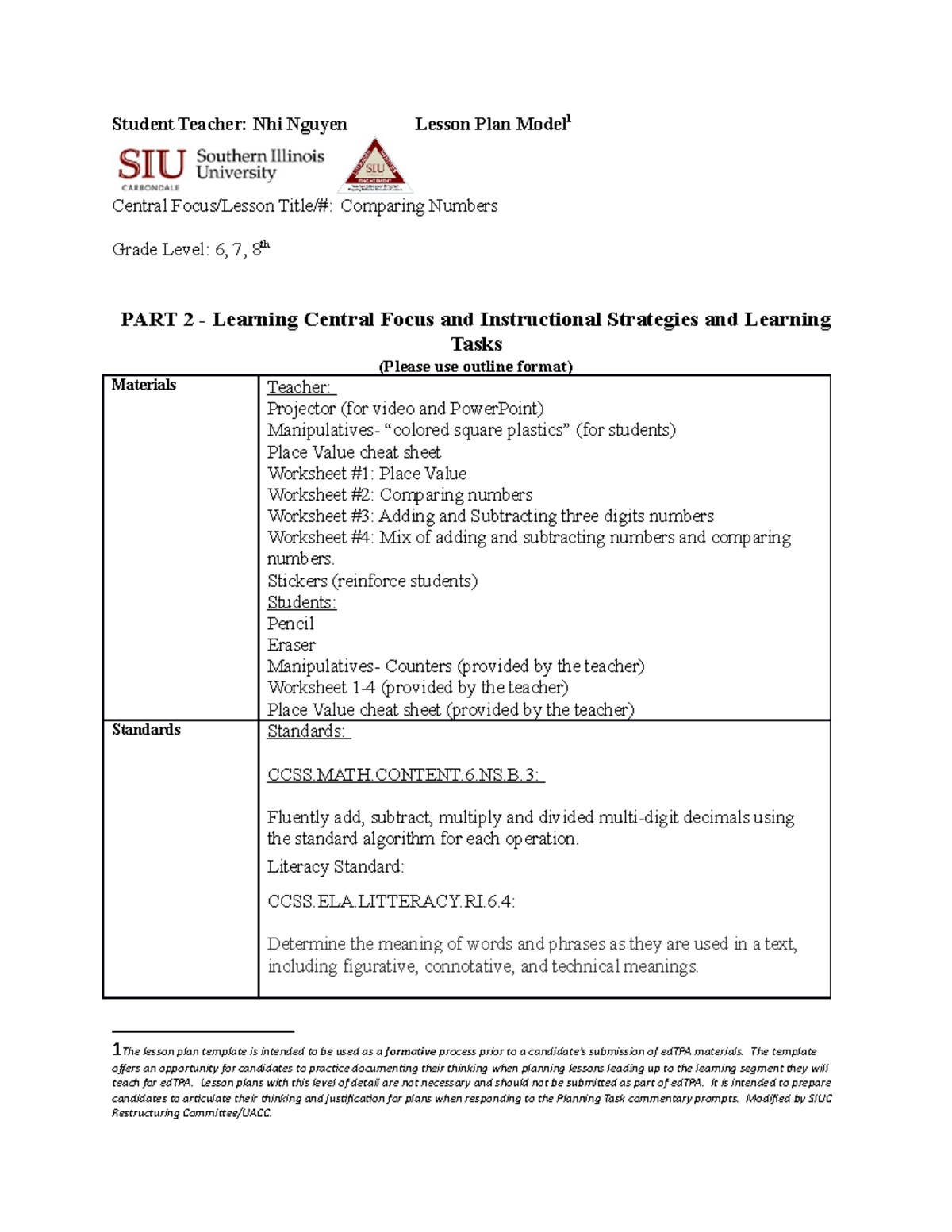 Lesson Plan Math Comparing Numbers Student Teacher Nhi Nguyen