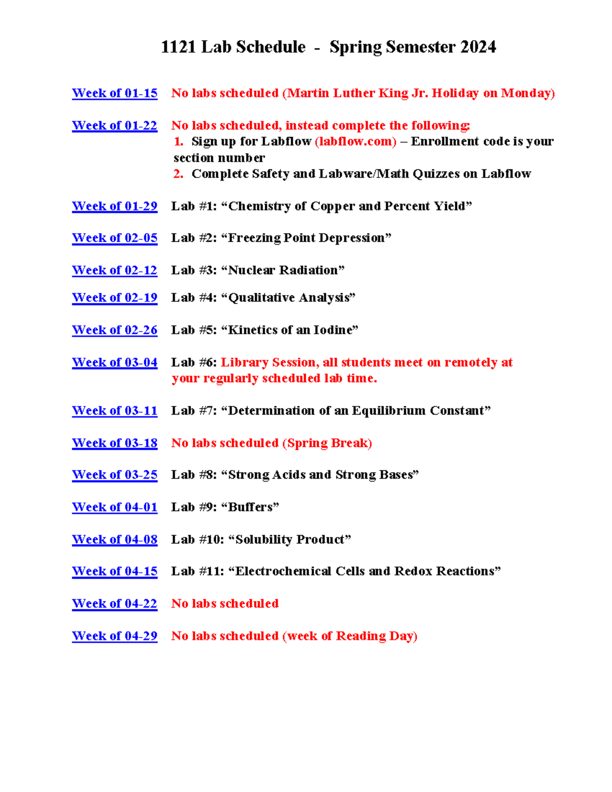 1121L Schedule-Spring 2024 - 112 1 Lab Schedule - Spring Semester 20 24 ...