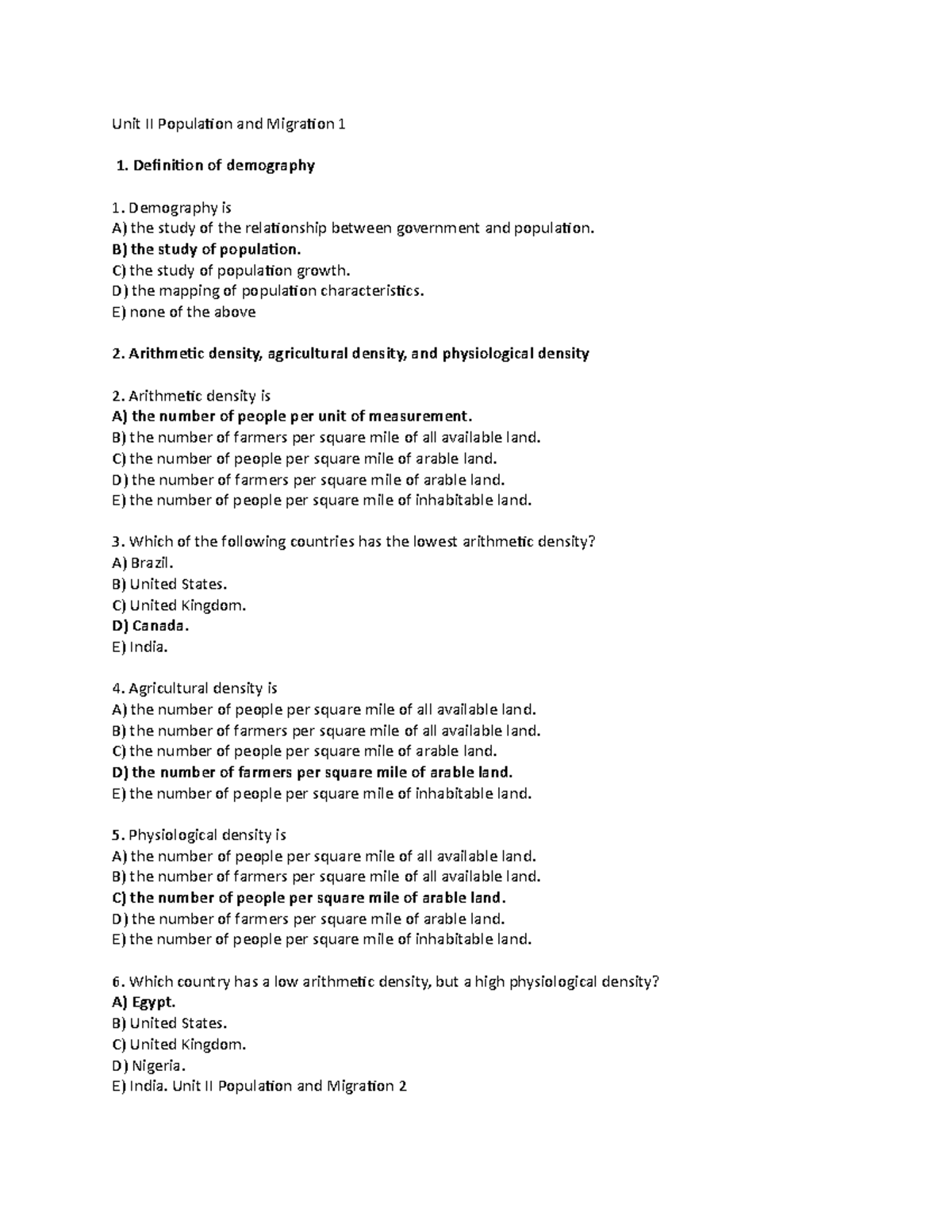 Aphg Study Guide With Key - Unit II Population And Migration 1 1 ...