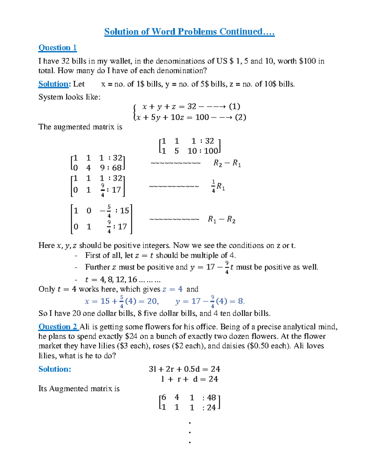 6. Word Problems continued - Solution of Word Problems Continued ...
