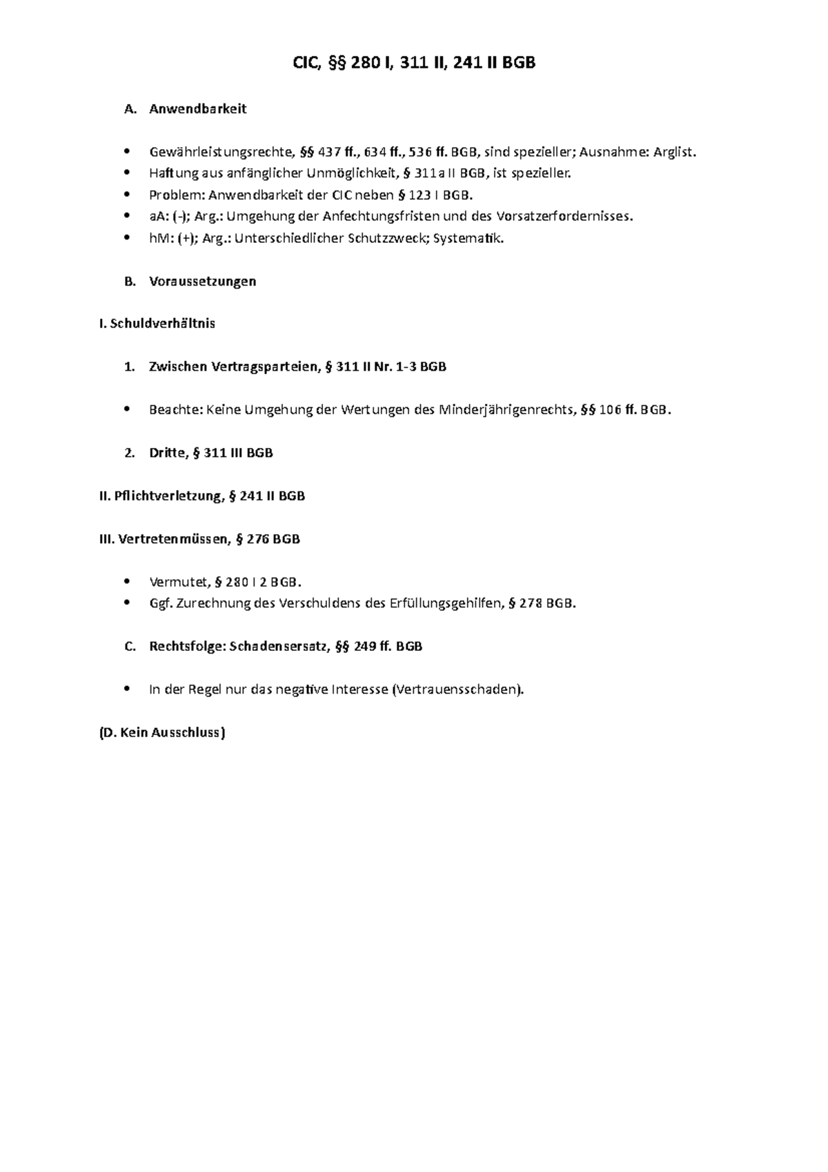 280 I 241 Ii Bgb Schema CIC, §§ 280 I, 311 II, 241 II BGB - CIC, §§ 280 I, 311 II, 241 II BGB A