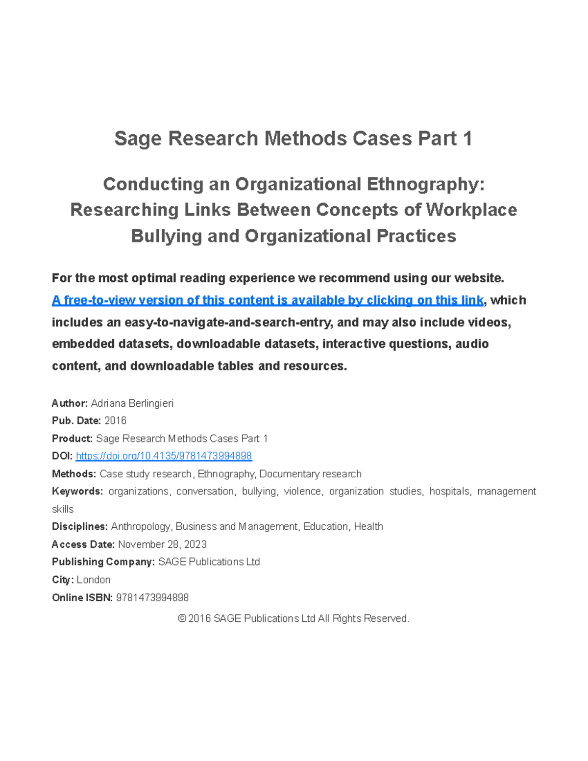 Sage case study 1 Organizational ethnography workplace bullying