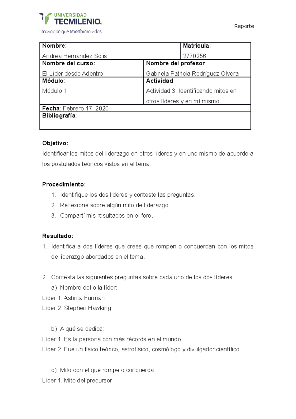 El Lider desde Adentro. Actividad 3 - Reporte Nombre : Andrea Hernández ...