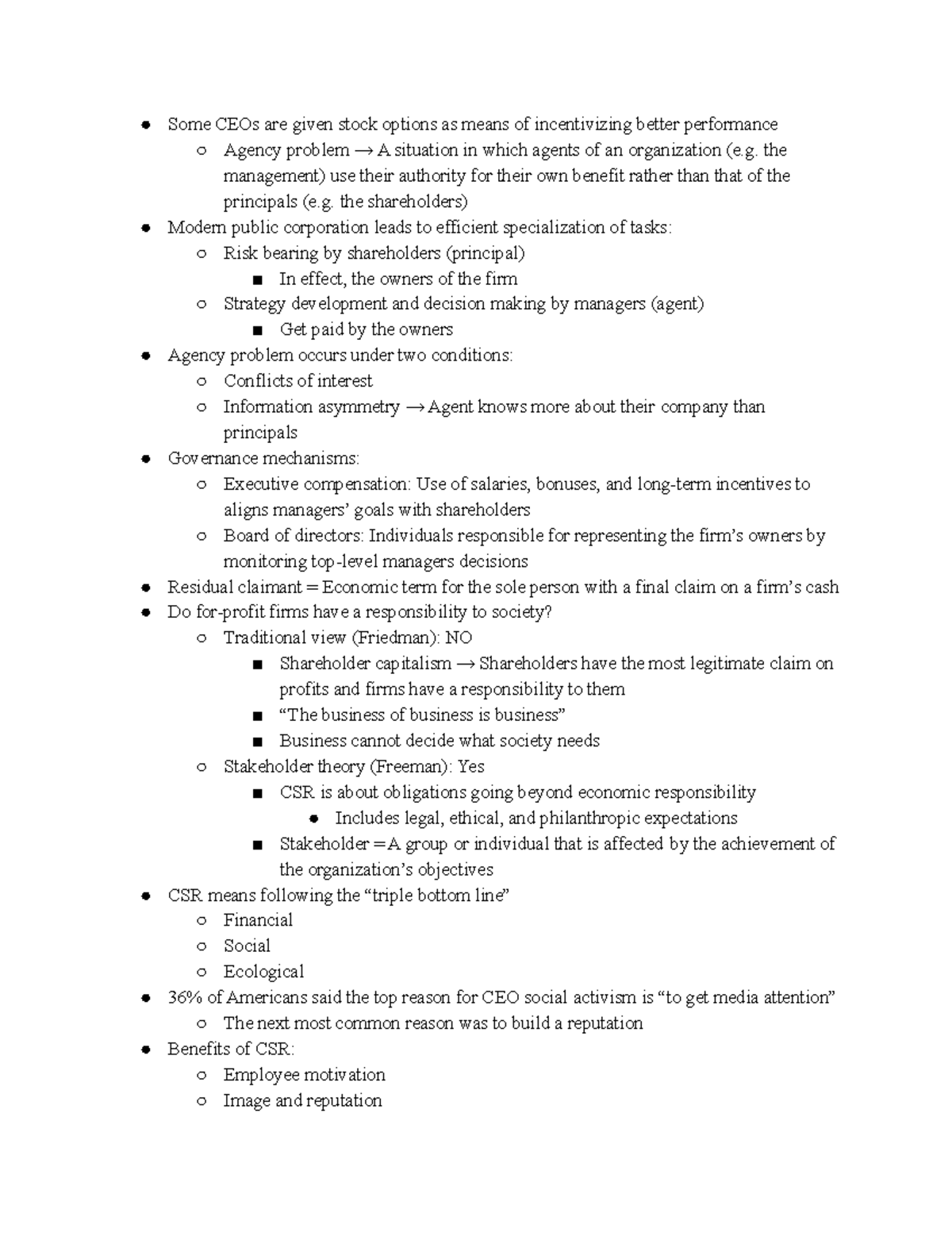 Corporate Governance and CSR - Some CEOs are given stock options as ...