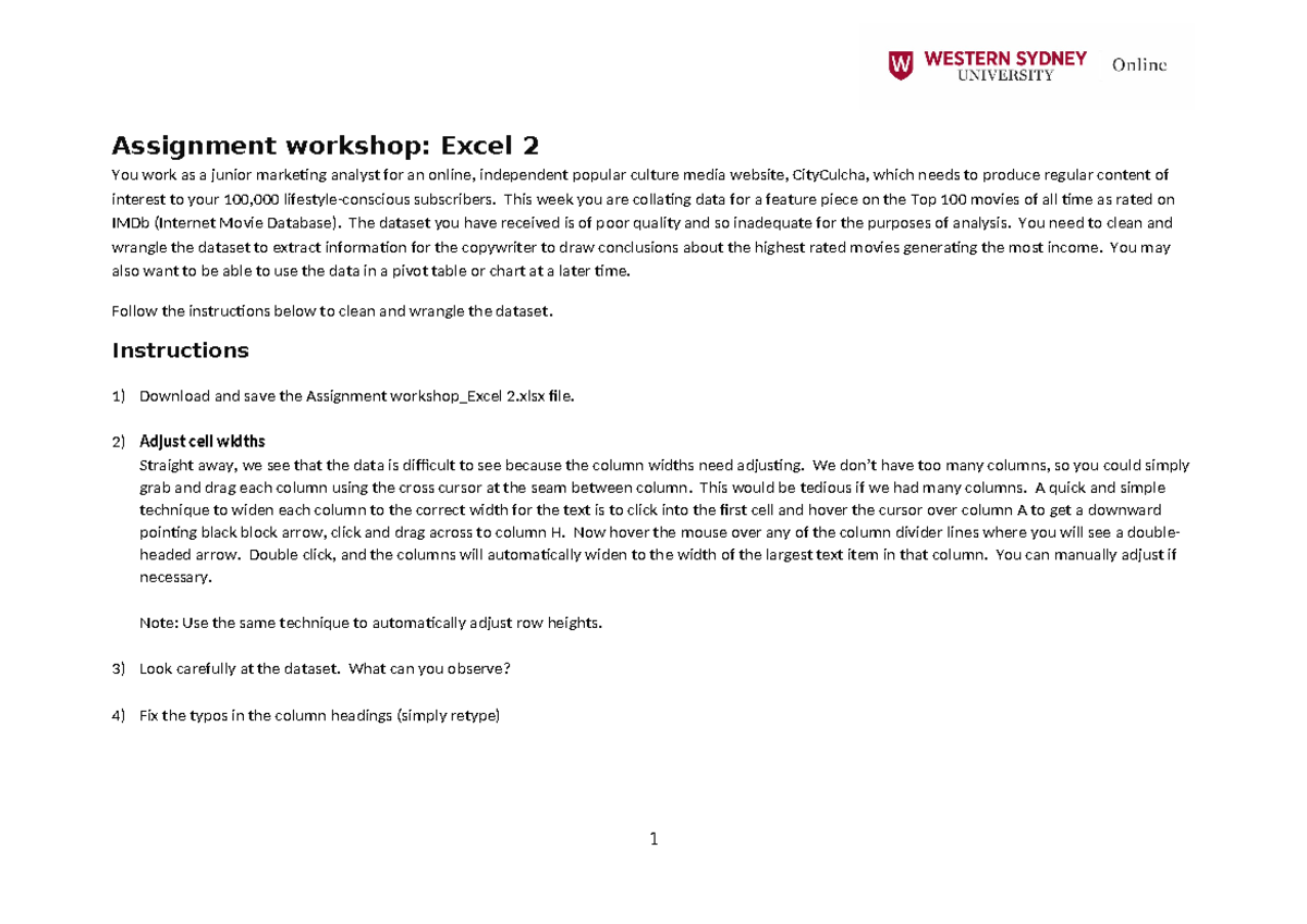Assigment workshop instructions Excel 2 - Assignment workshop: Excel 2 ...