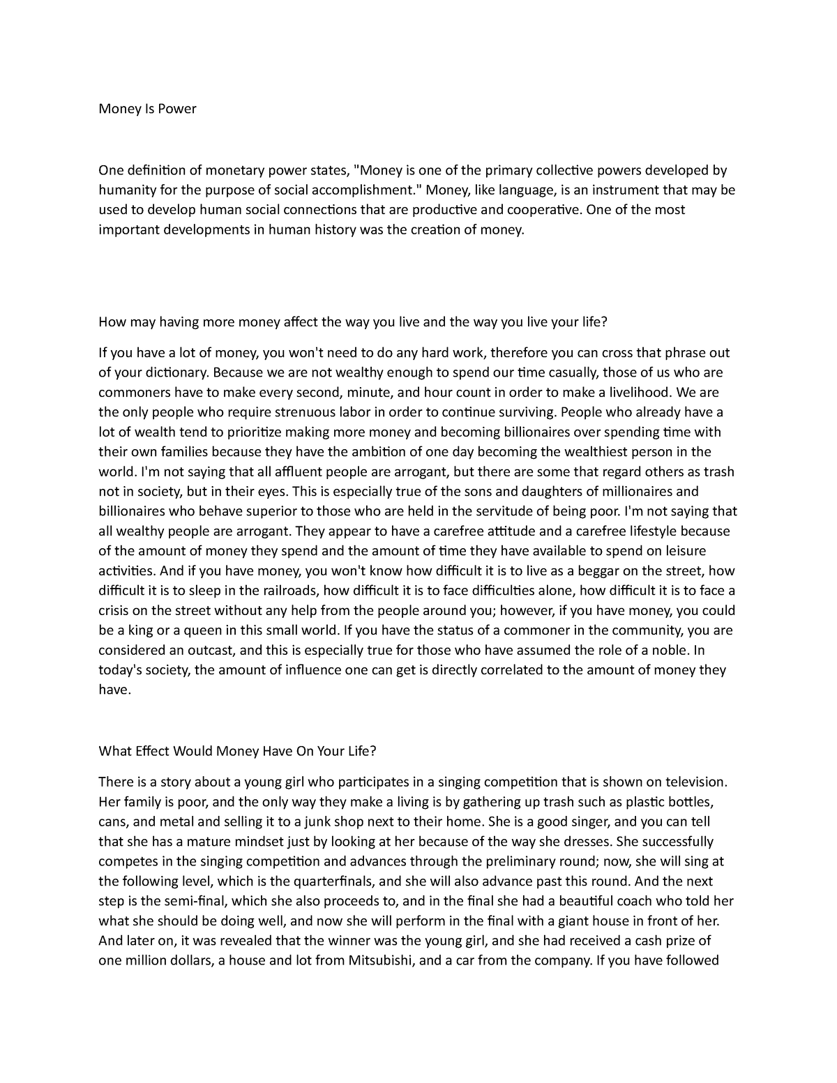 money is power essay