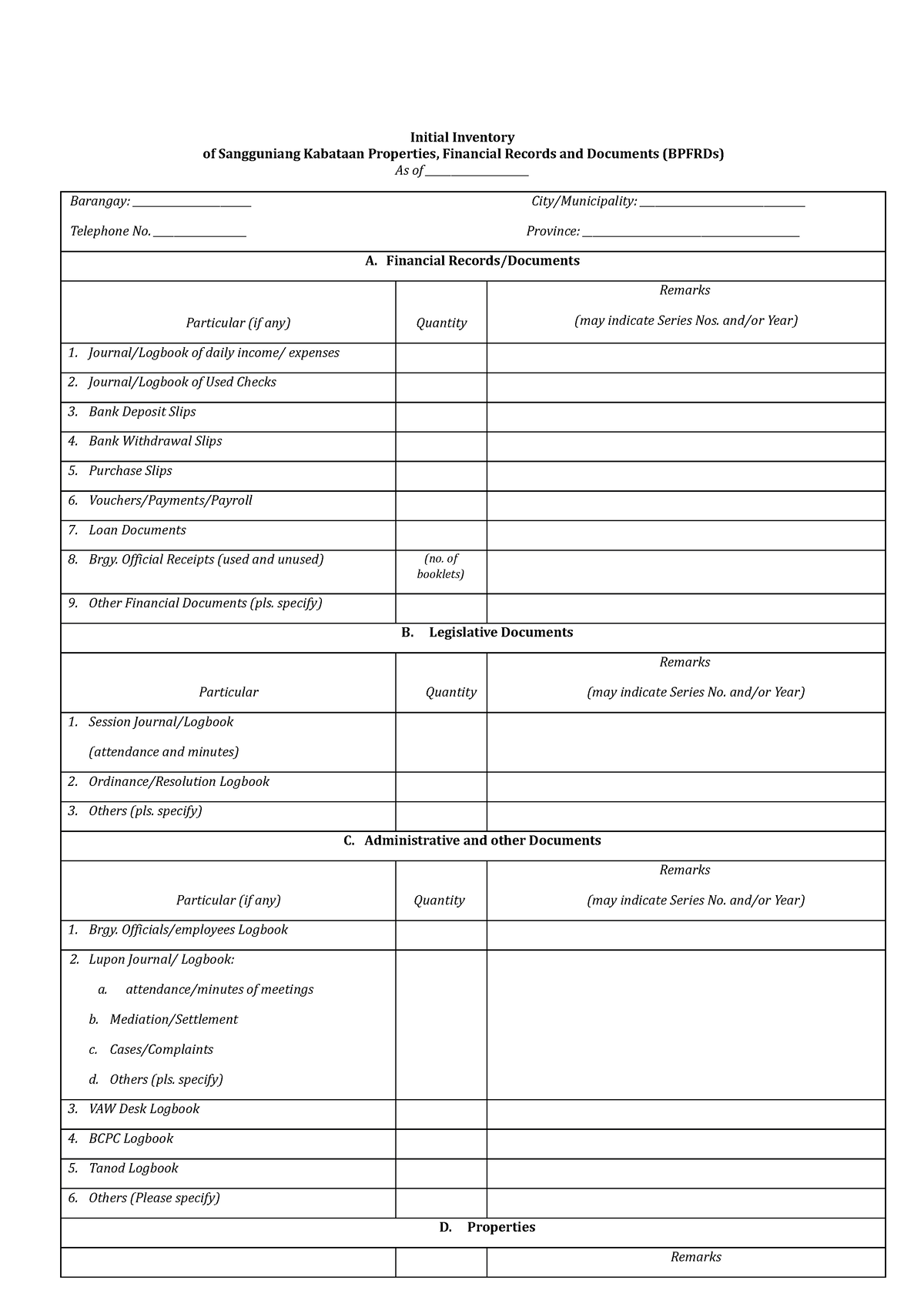 Annex B Barangay Inventory And Turnover Form No - Initial Inventory Of ...