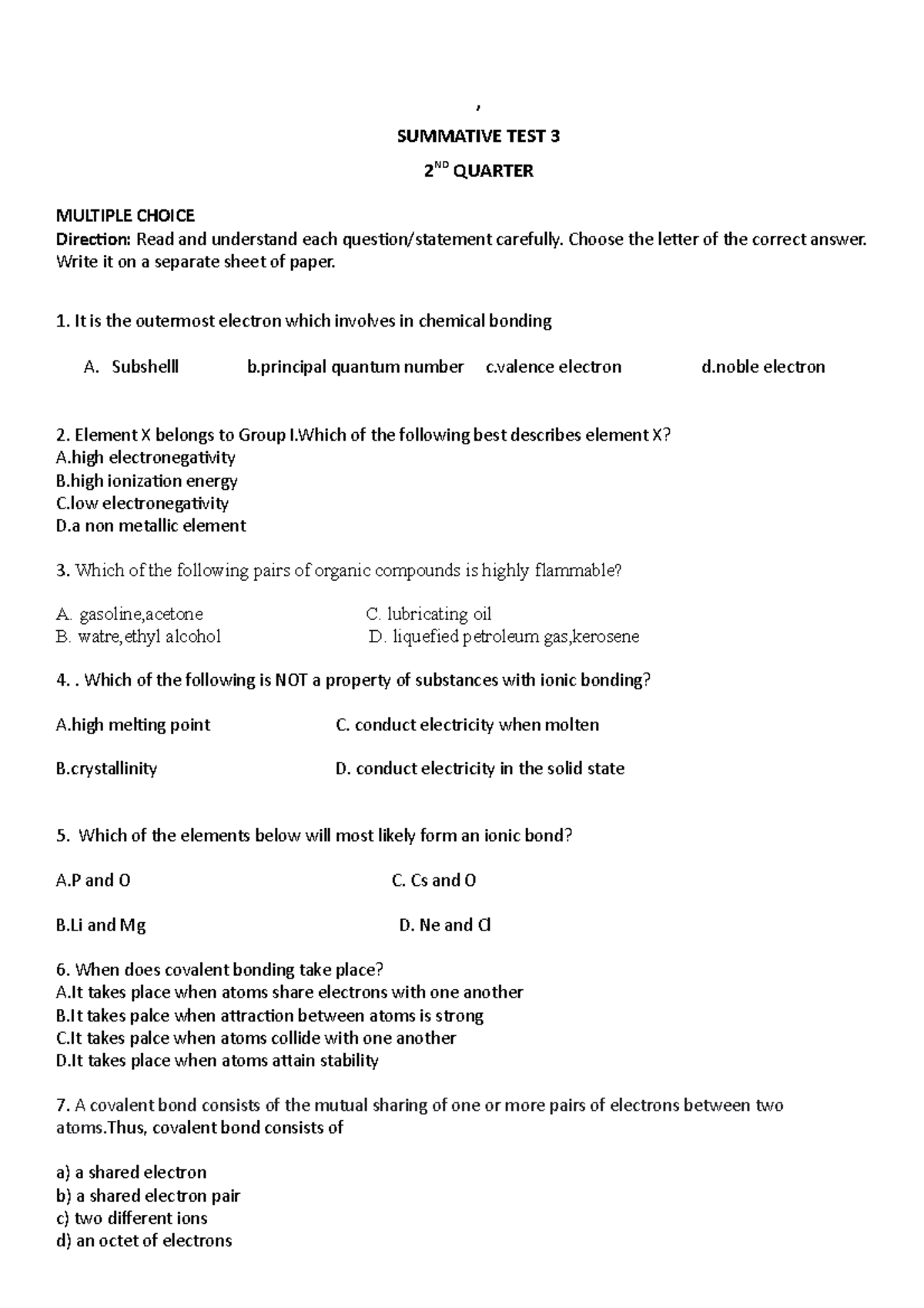 ST 3 - Science Topics - , SUMMATIVE TEST 3 2 ND QUARTER MULTIPLE CHOICE ...