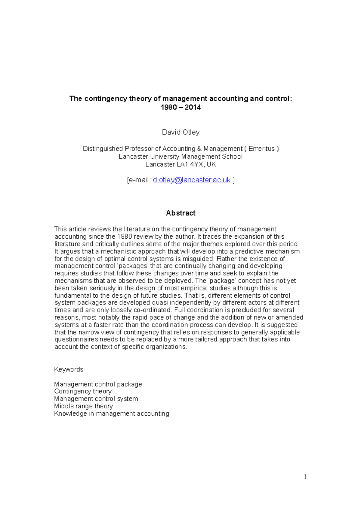 Otley CT review for pdf - The contingency theory of management ...