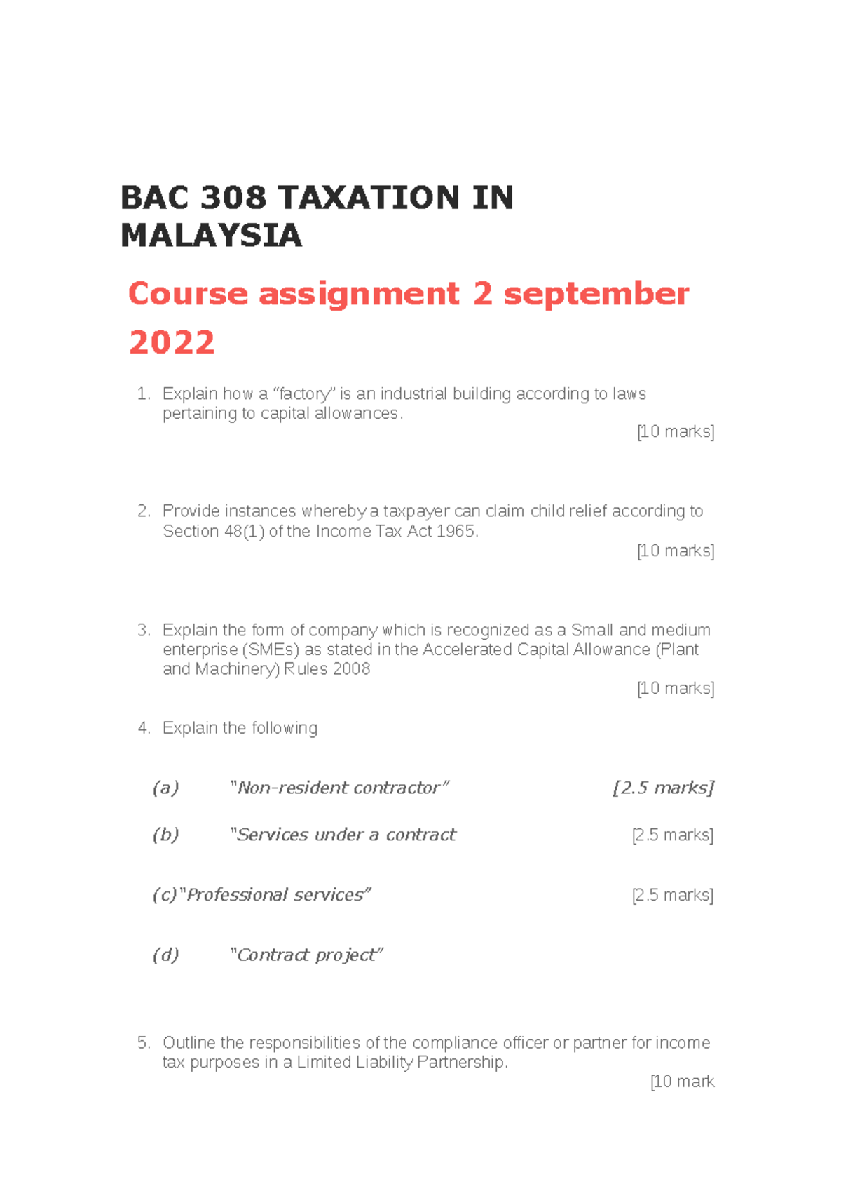 Tax Sept 2022 Ca2 - Ccsa - BAC 308 TAXATION IN MALAYSIA Course ...