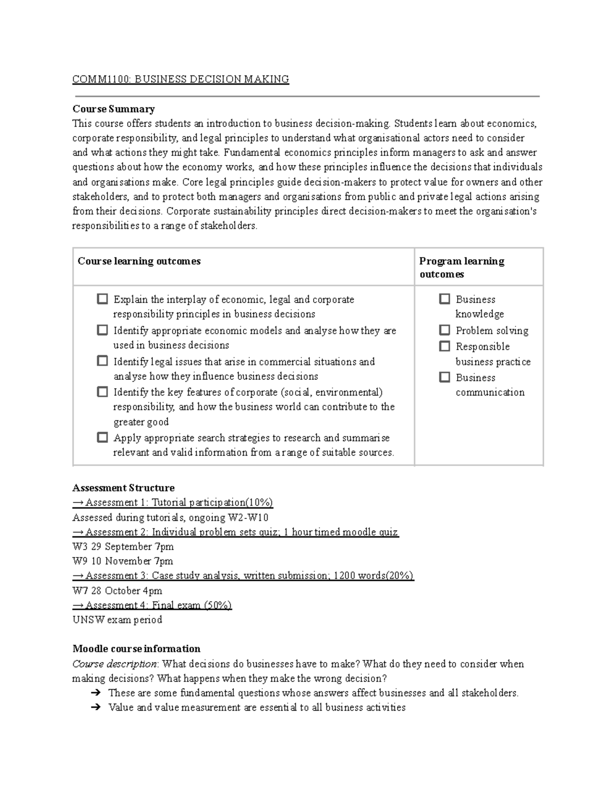 COMM1100 - WK1-3 notes - COMM1100: BUSINESS DECISION MAKING Course ...