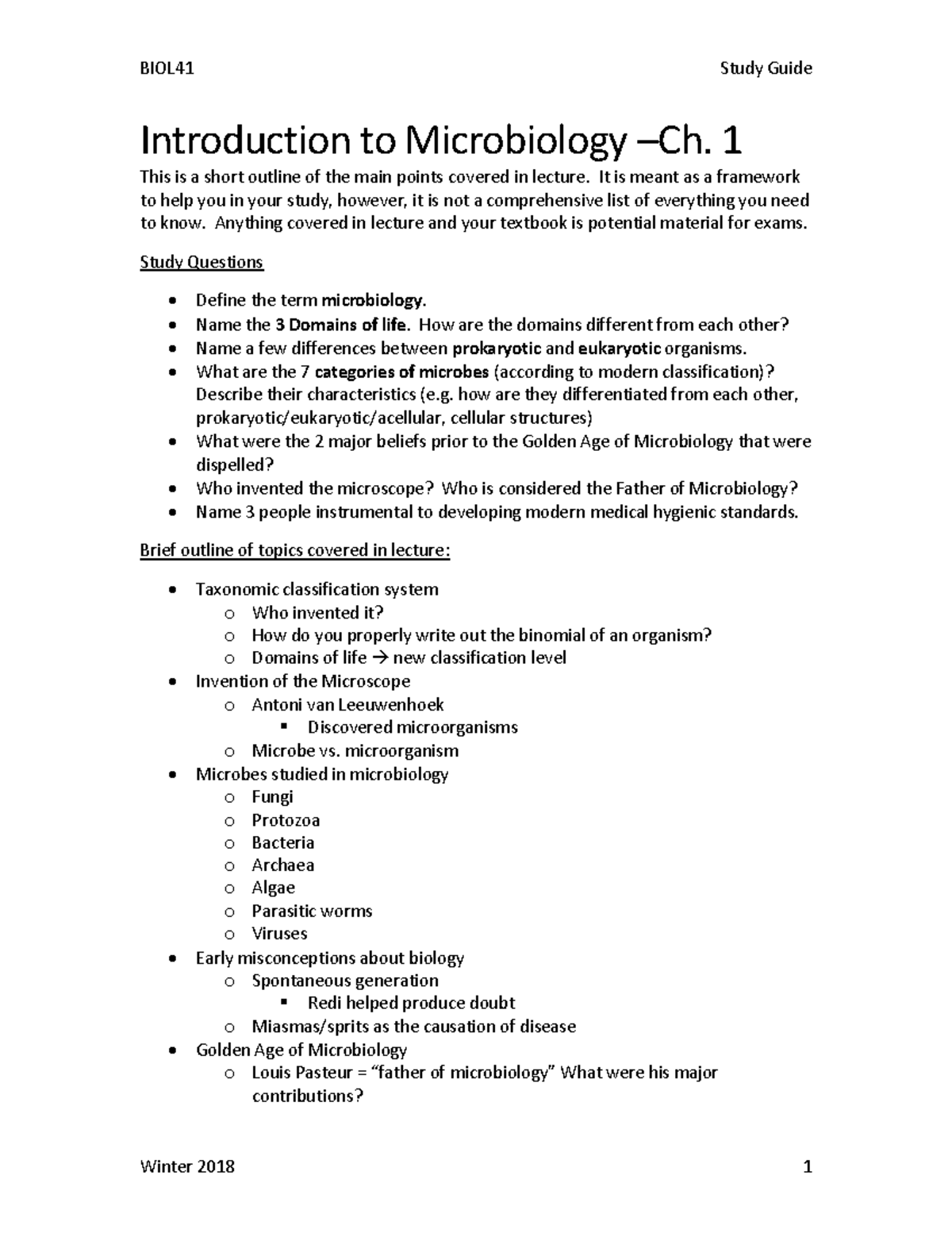 Study Guide Chapter 1 Introdution To Microbiology - BIOL41 Study Guide ...