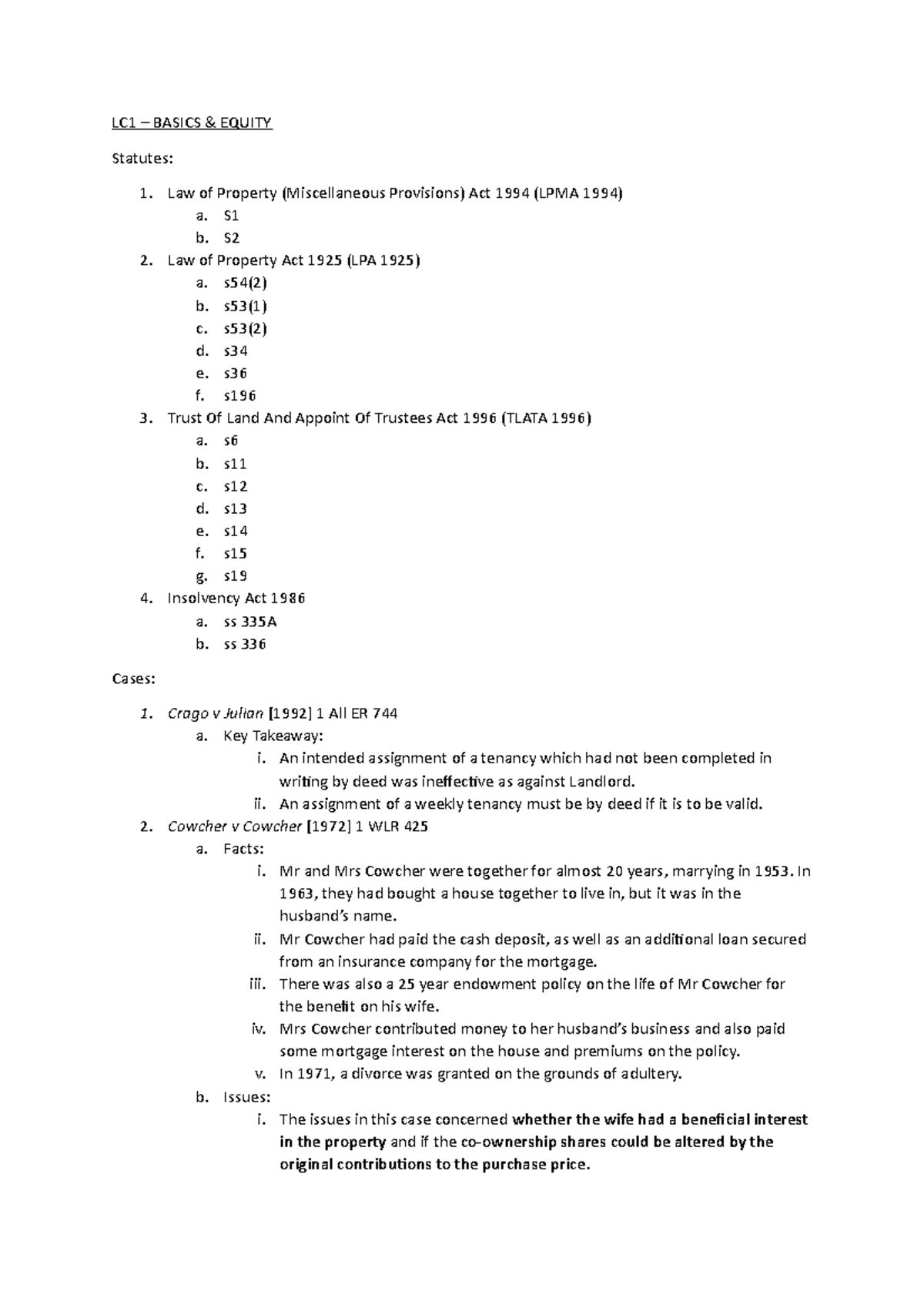 All Land Law Cases in Syllabus by LC (not including further reading