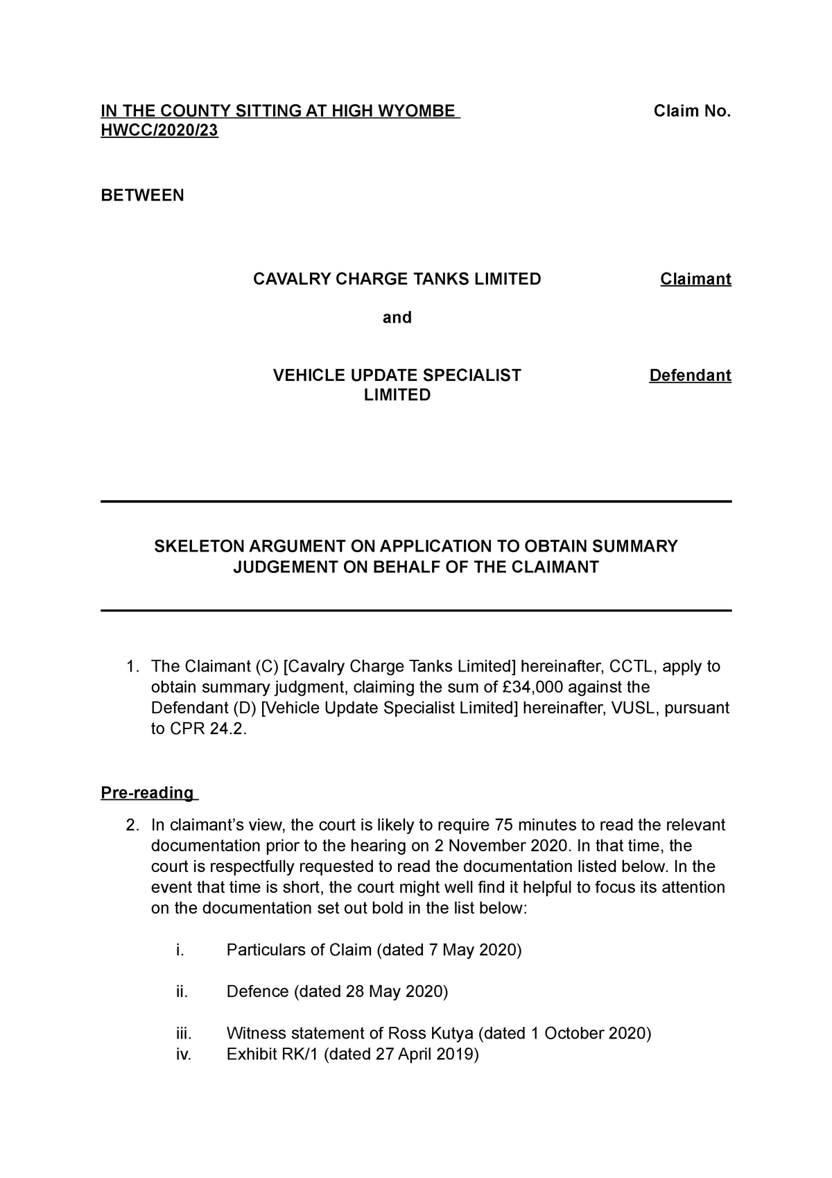 Summary Judgement Application IN THE COUNTY SITTING AT HIGH WYOMBE 