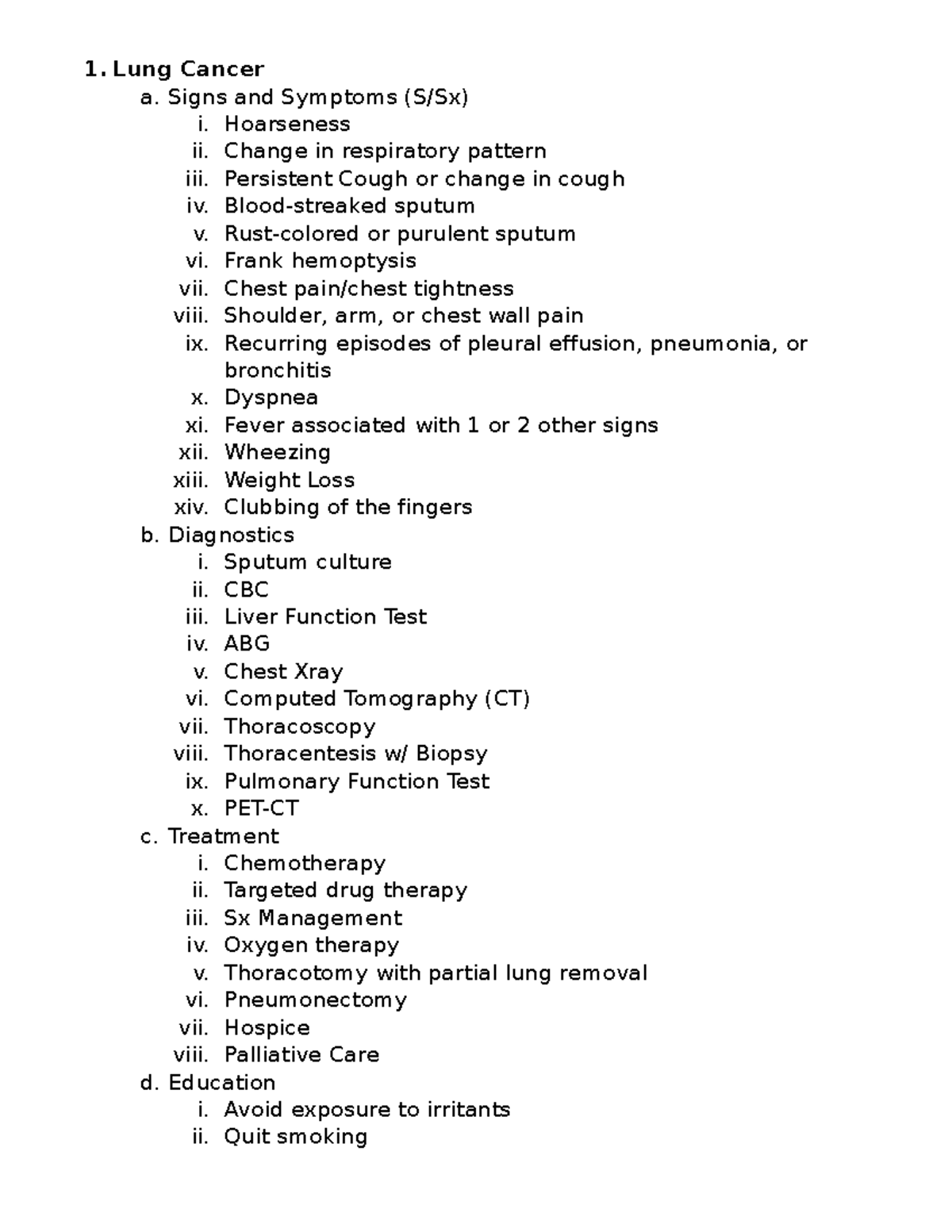 MDC3 Exam 2 Study Guide - Lung Cancer a. Signs and Symptoms (S/Sx) i ...