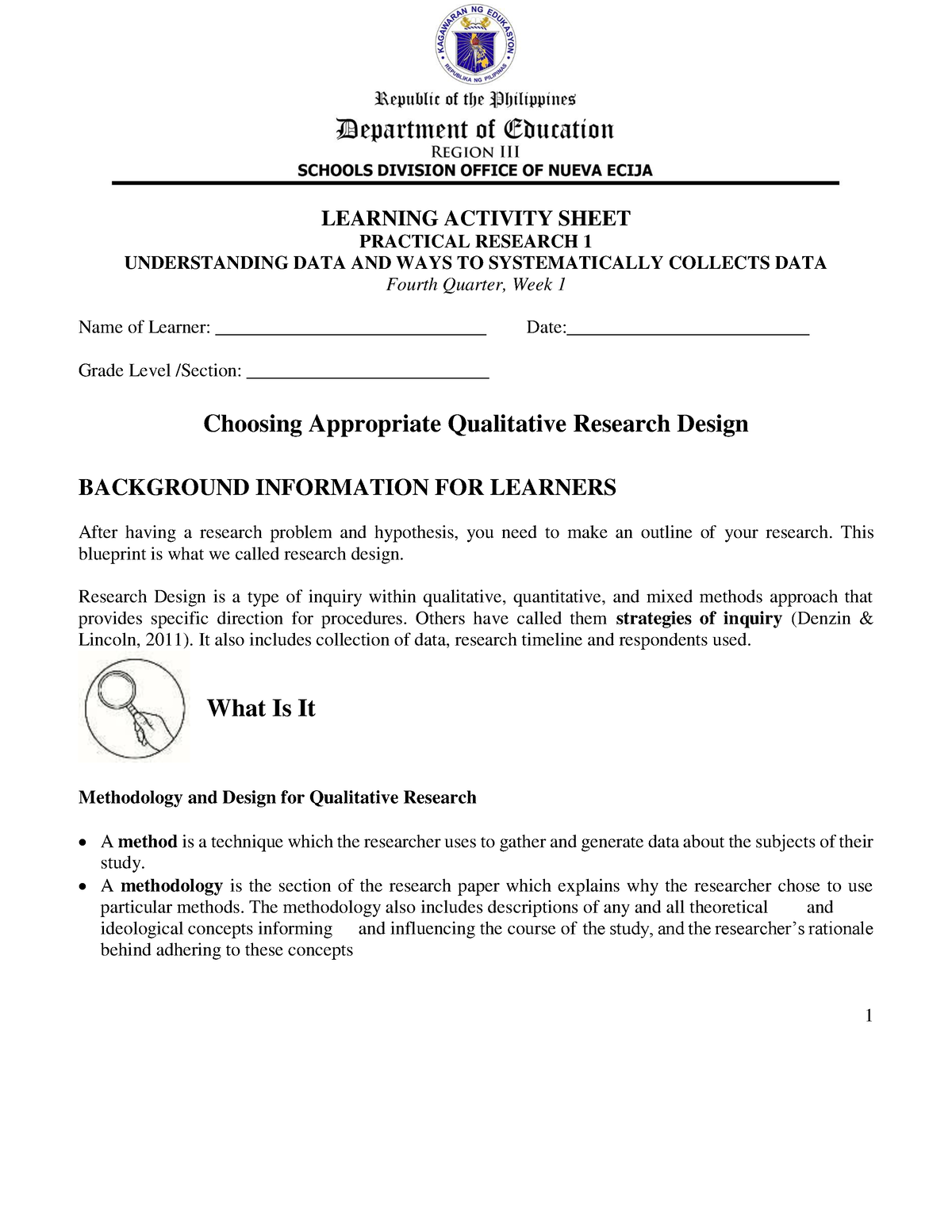 Las Pr1 Q4wk 1 Hvv Choosing Appropriate Qualitative Research Design Learning Activity Sheet 2373