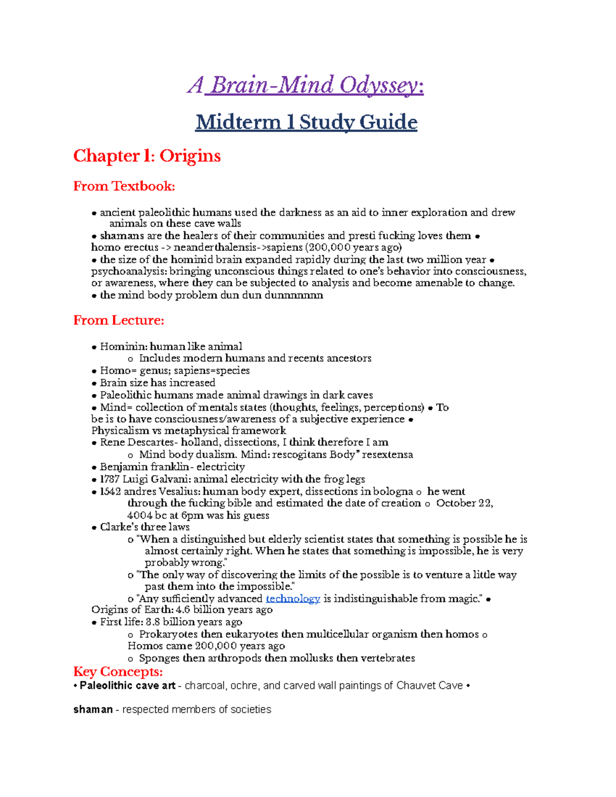 Psych C61 Midterm 1 Study Guide - A Brain-Mind Odyssey: Midterm 1 Study ...