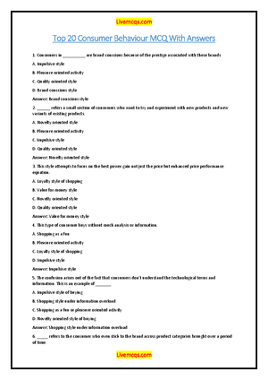 Consumer Behaviour MCQ With Answers PDF - Top 20 Consumer Behaviour MCQ ...