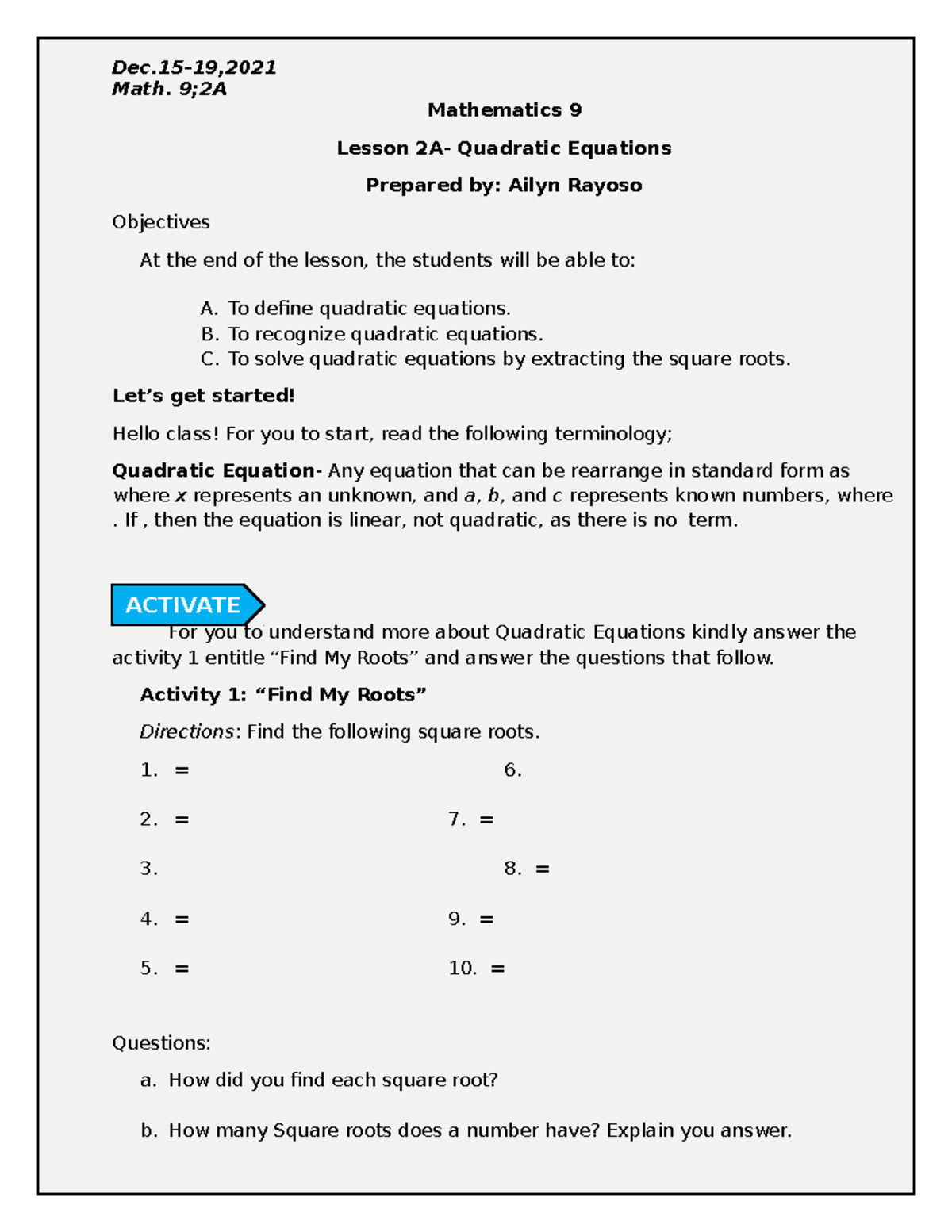 Lesson Plan in Mathematics Blanco - Dec-19, Math. 9;2A Mathematics 9 ...