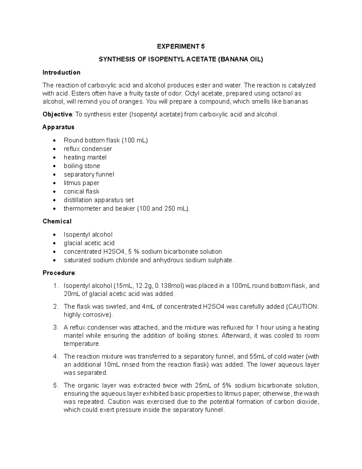 CHM301 Experiment 5 - EXPERIMENT 5 SYNTHESIS OF ISOPENTYL ACETATE ...