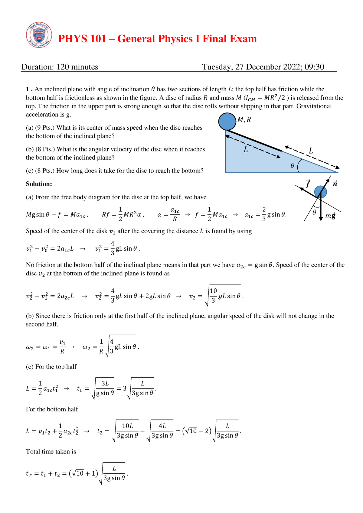 P 101 2022-23-1 3F Sol - Past Exam - PHYS 101 – General Physics I Final ...