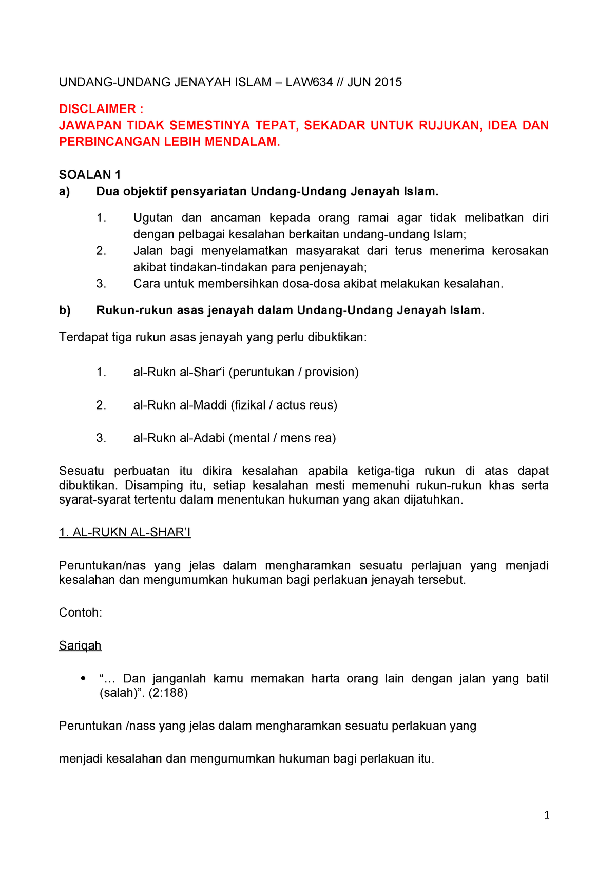 Undang- undang Jenayah Islam Exam Jun 2015 - LAW 634 
