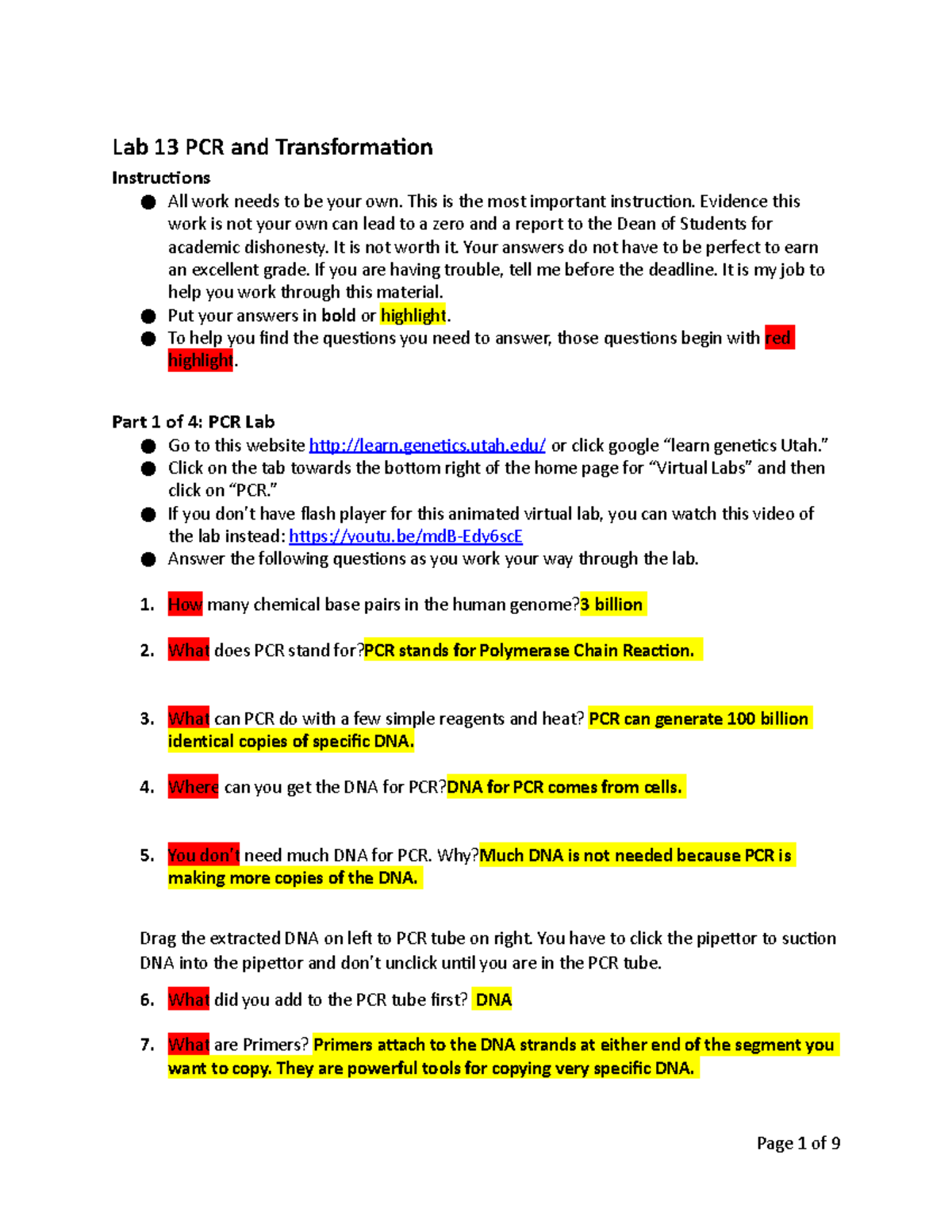 BIOL-1110 Online Lab 13 PCR and Transformation - Lab 13 PCR ...