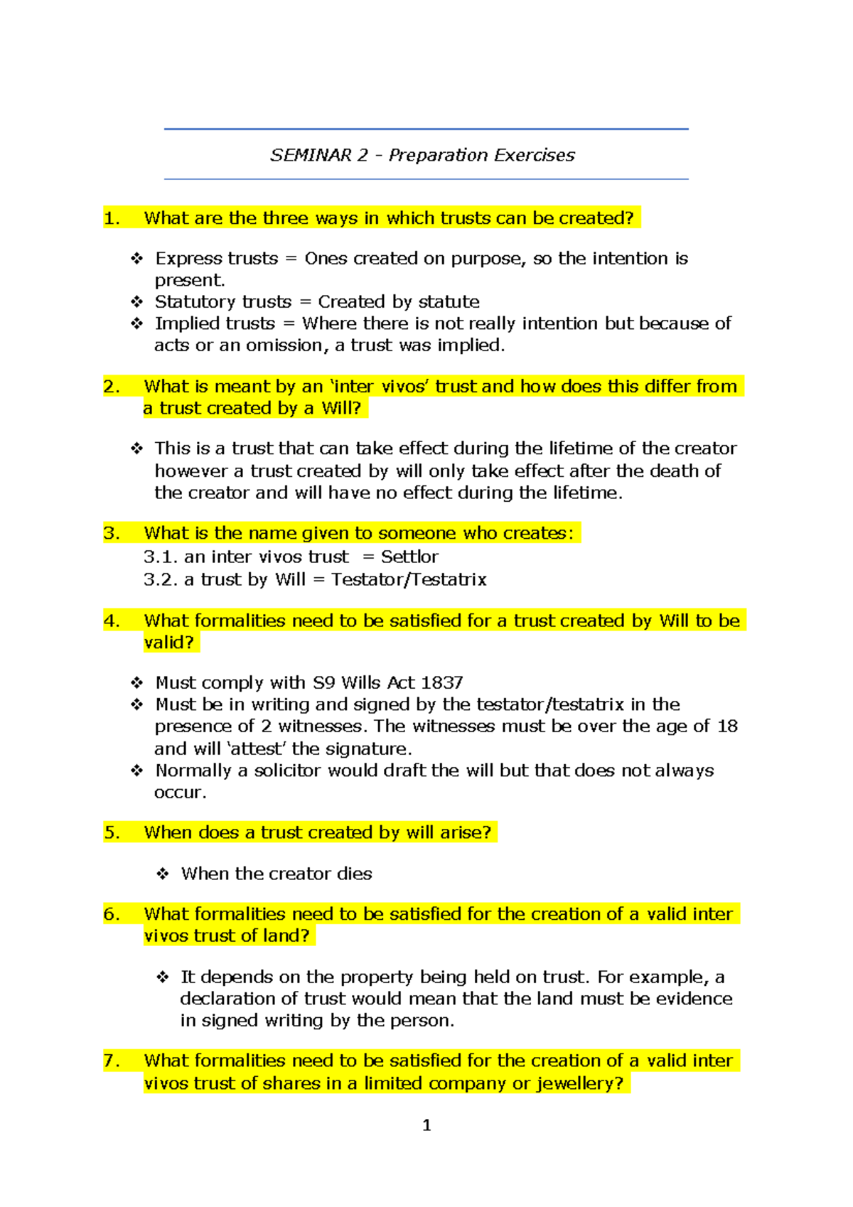 Equity and Trusts - Seminar 2 - SEMINAR 2 - Preparation Exercises What ...