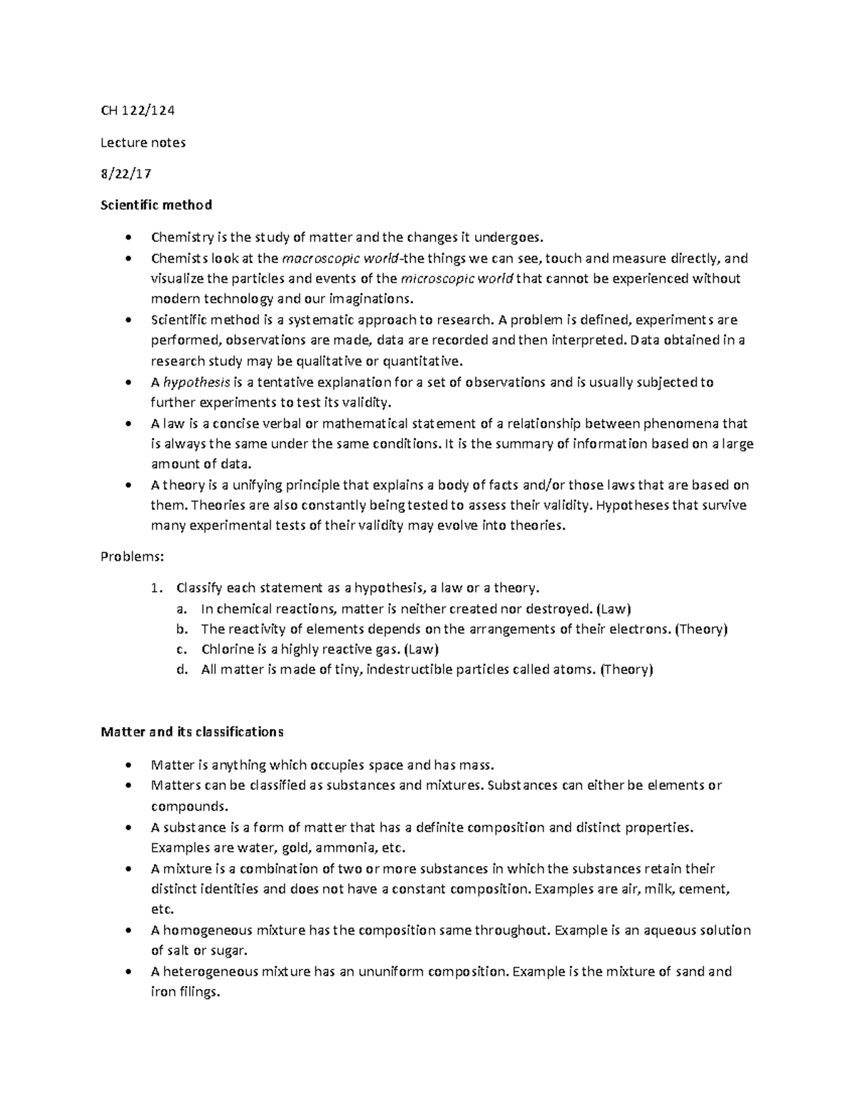 Ch 1 additional notes - CH 122/ Lecture notes 8/22/ Scientific method ...