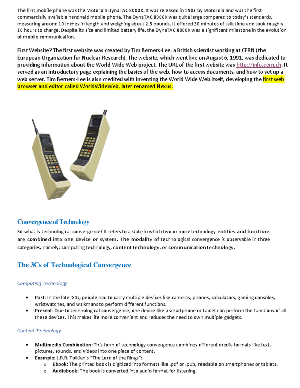 Lesson 3 Notes (student copy) - The first mobile phone was the Motorola ...