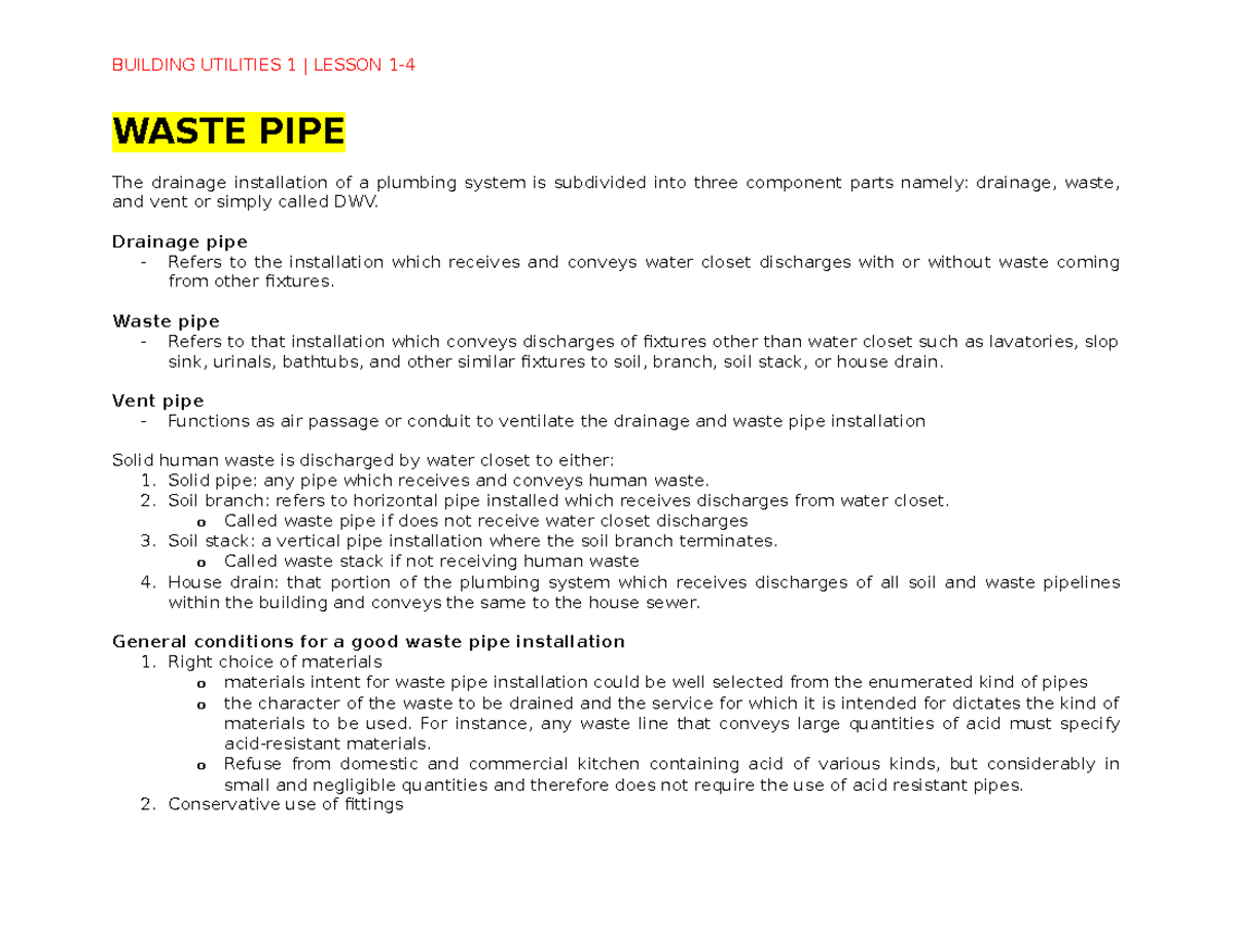 Waste PIPE ( Building Utilities 1 Lesson- Architecture) - WASTE PIPE ...