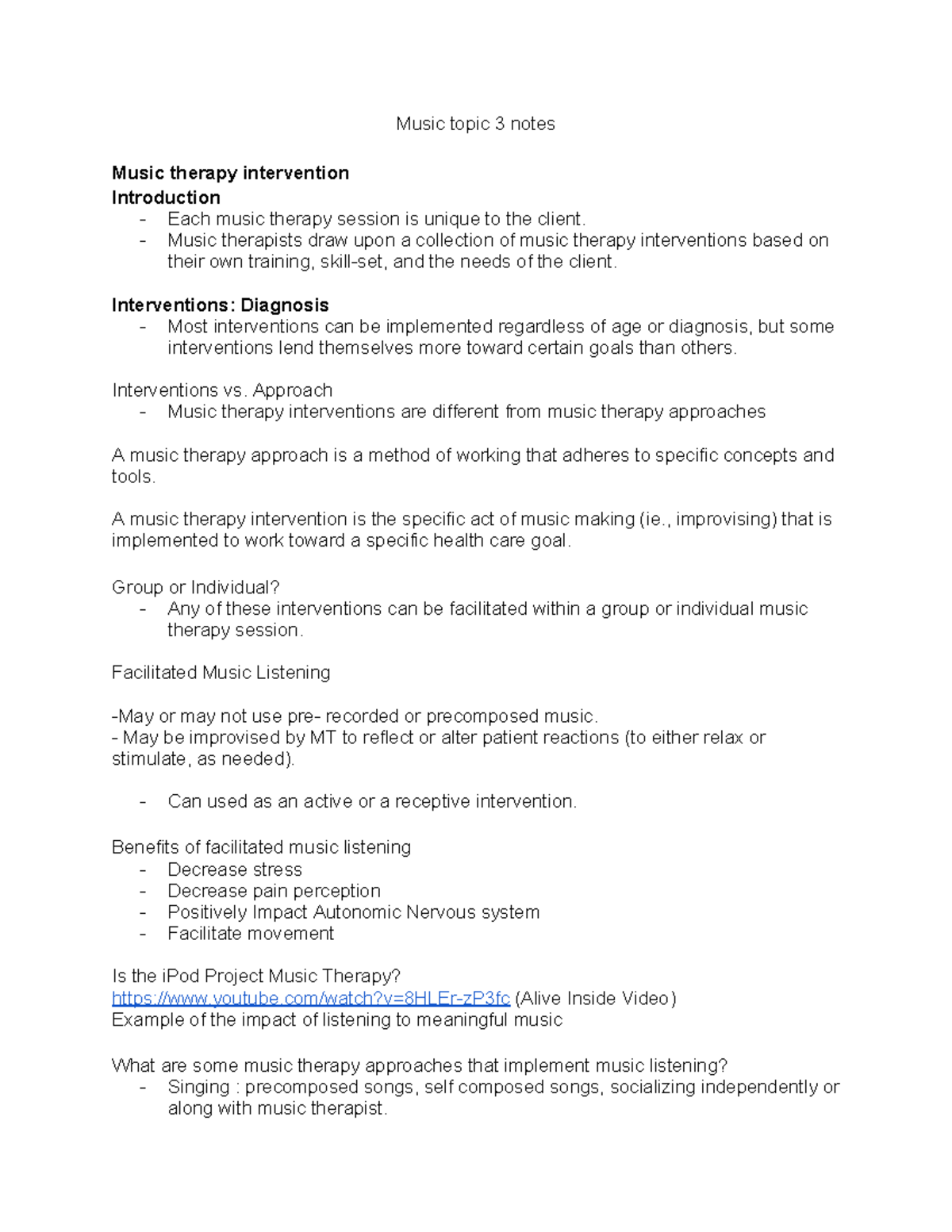 Music topic 3 notes Music topic 3 notes Music therapy intervention