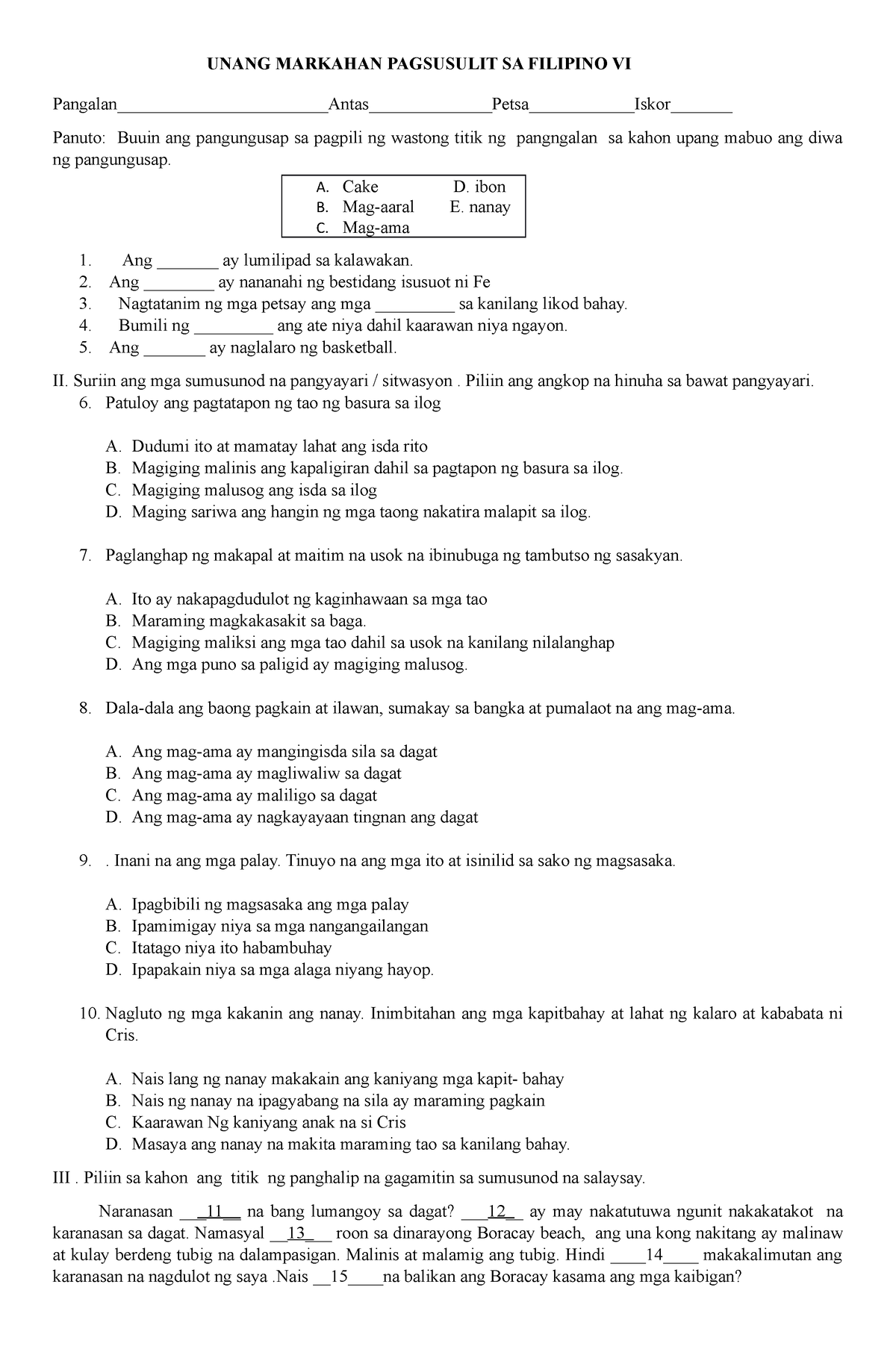 PT Filipino 6 Q1 - Exam - UNANG MARKAHAN PAGSUSULIT SA FILIPINO VI ...