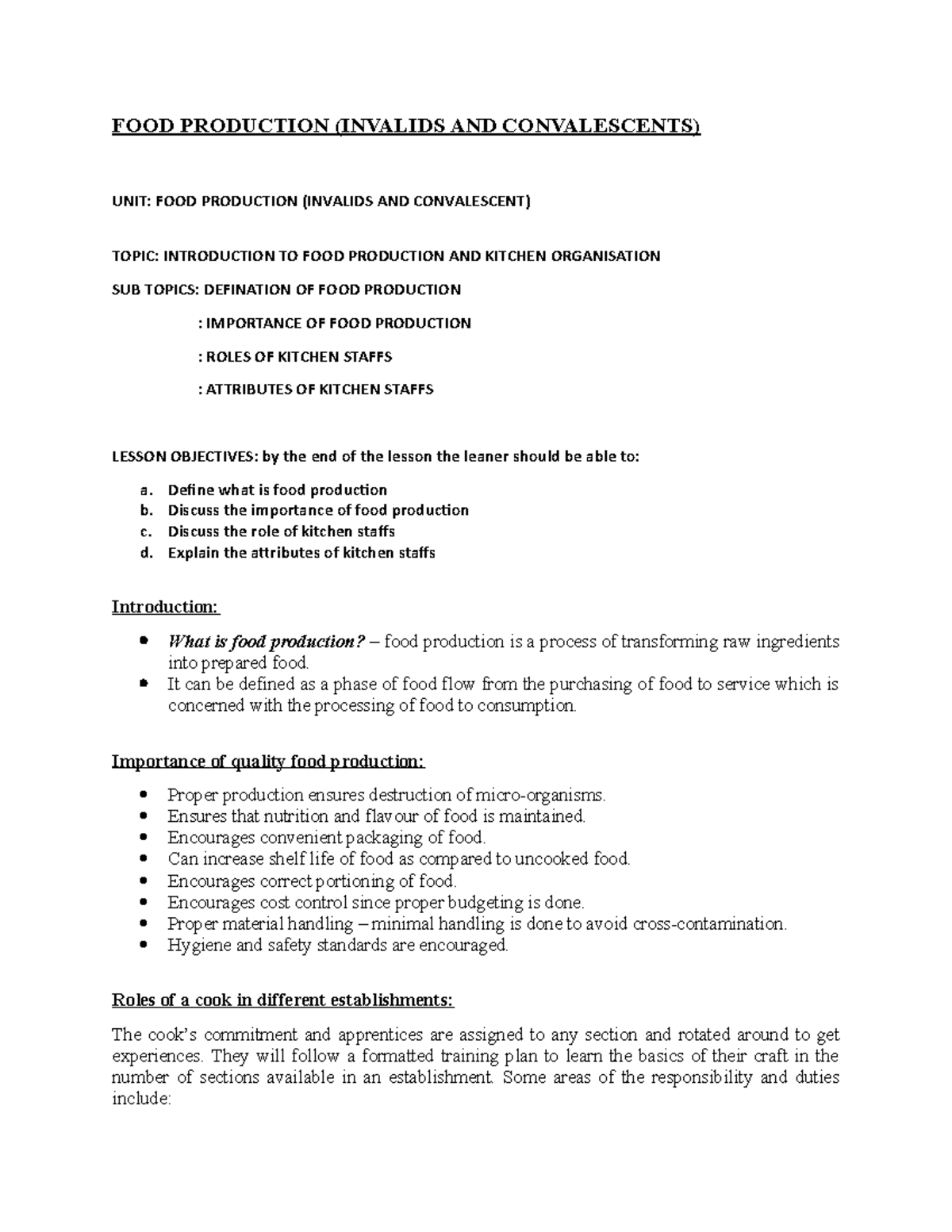 FOOD Production for invalids FOOD PRODUCTION (INVALIDS AND