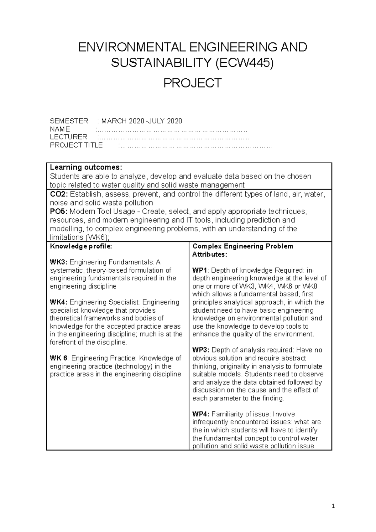 Project ECW445 march-july 2020 ODL - ENVIRONMENTAL ENGINEERING AND ...