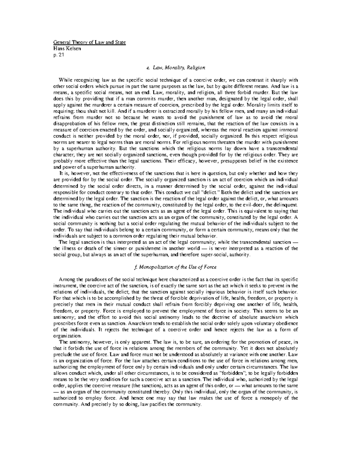 General theory of law and state kelsen 21 e law morality religion