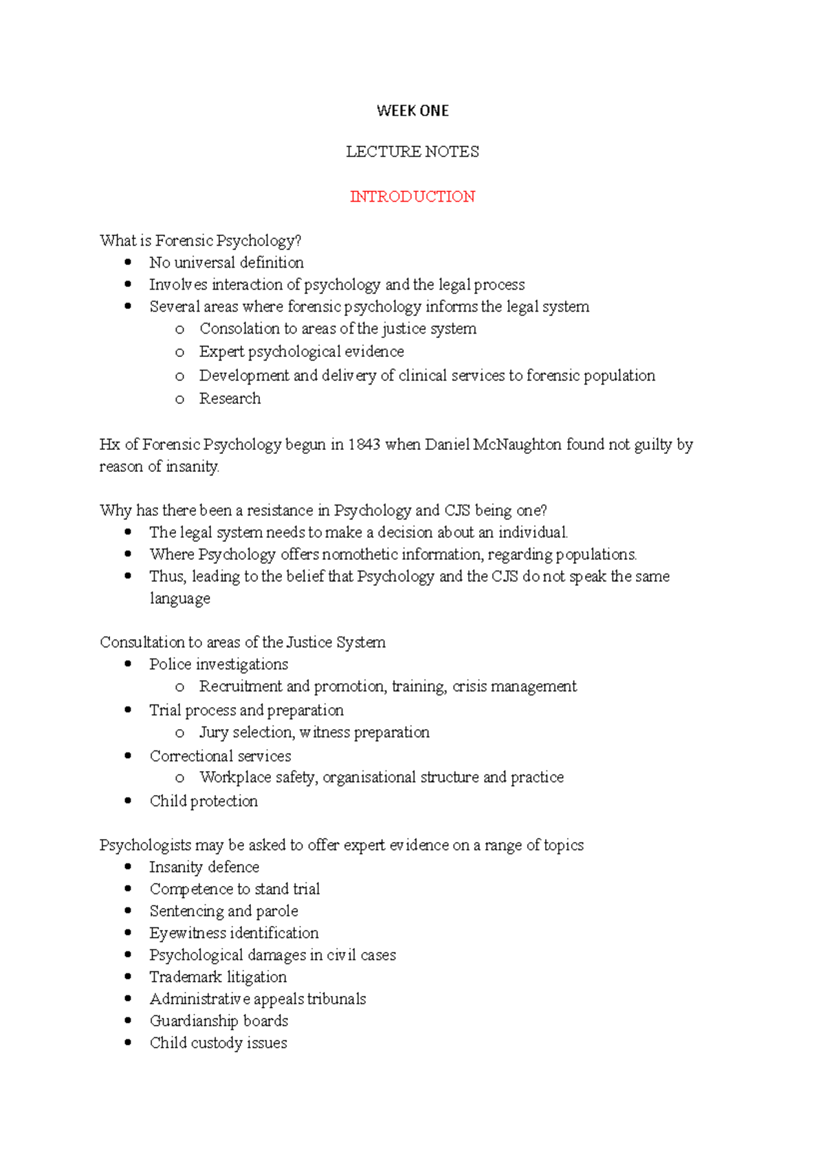 HPS206 Notes - WEEK ONE LECTURE NOTES INTRODUCTION What is Forensic ...
