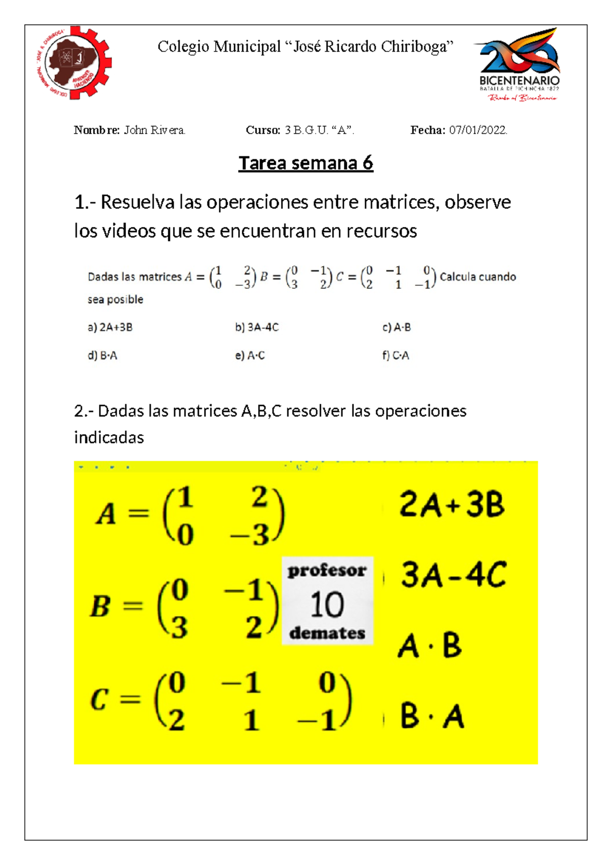 JOHN Rivera 3A Mate matica Semana 6 Ejercicios DE Matrices ...